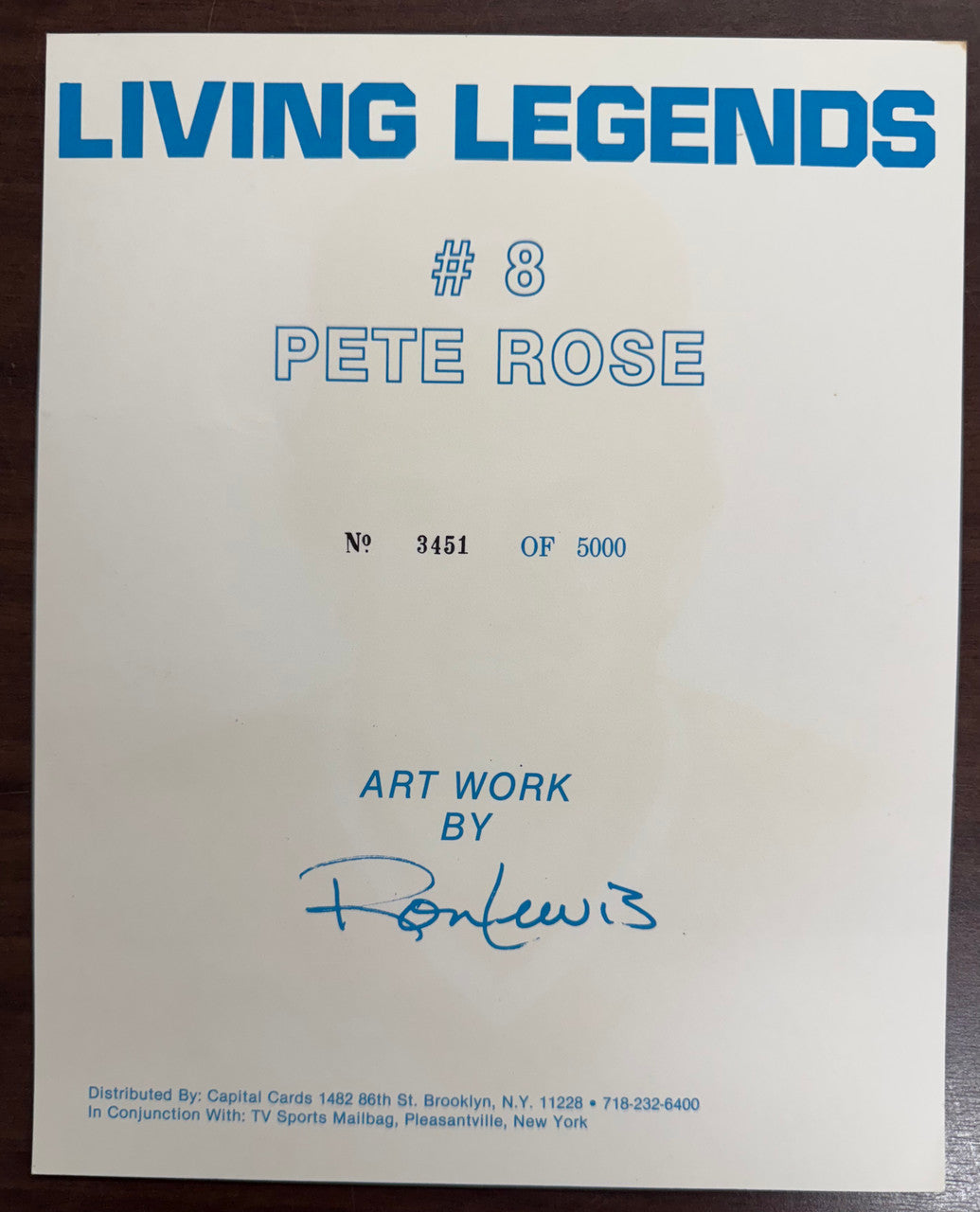 Pete Rose Signed Autographed Ron Lewis 8x10 Artwork #8 /5000 JSA Certified