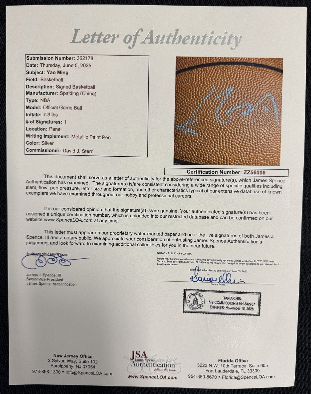 Yao Ming Signed Autographed Spalding Official NBA Game Ball JSA
