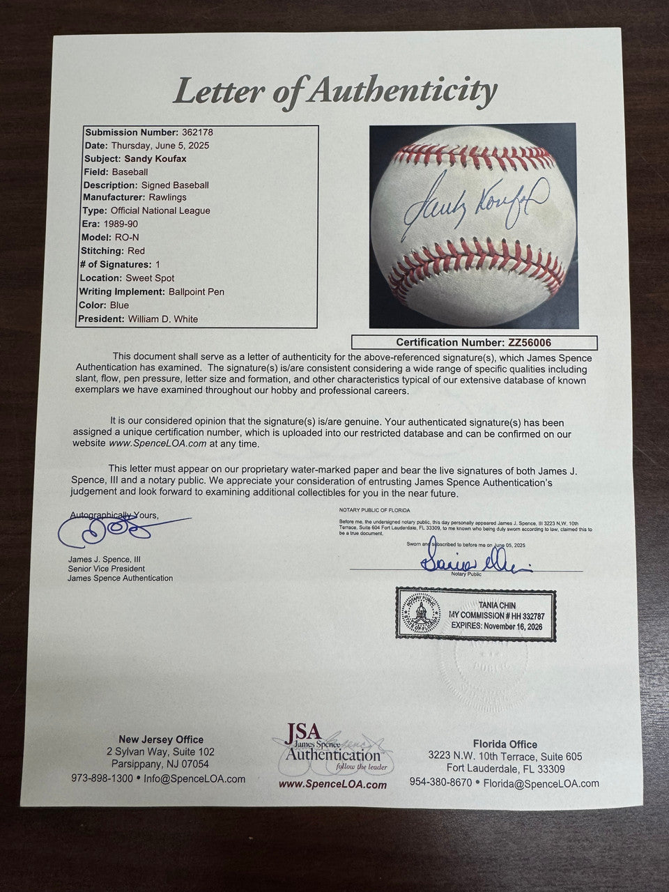 Sandy Koufax Signed Autographed Rawlings ONL Baseball JSA LOA "B"