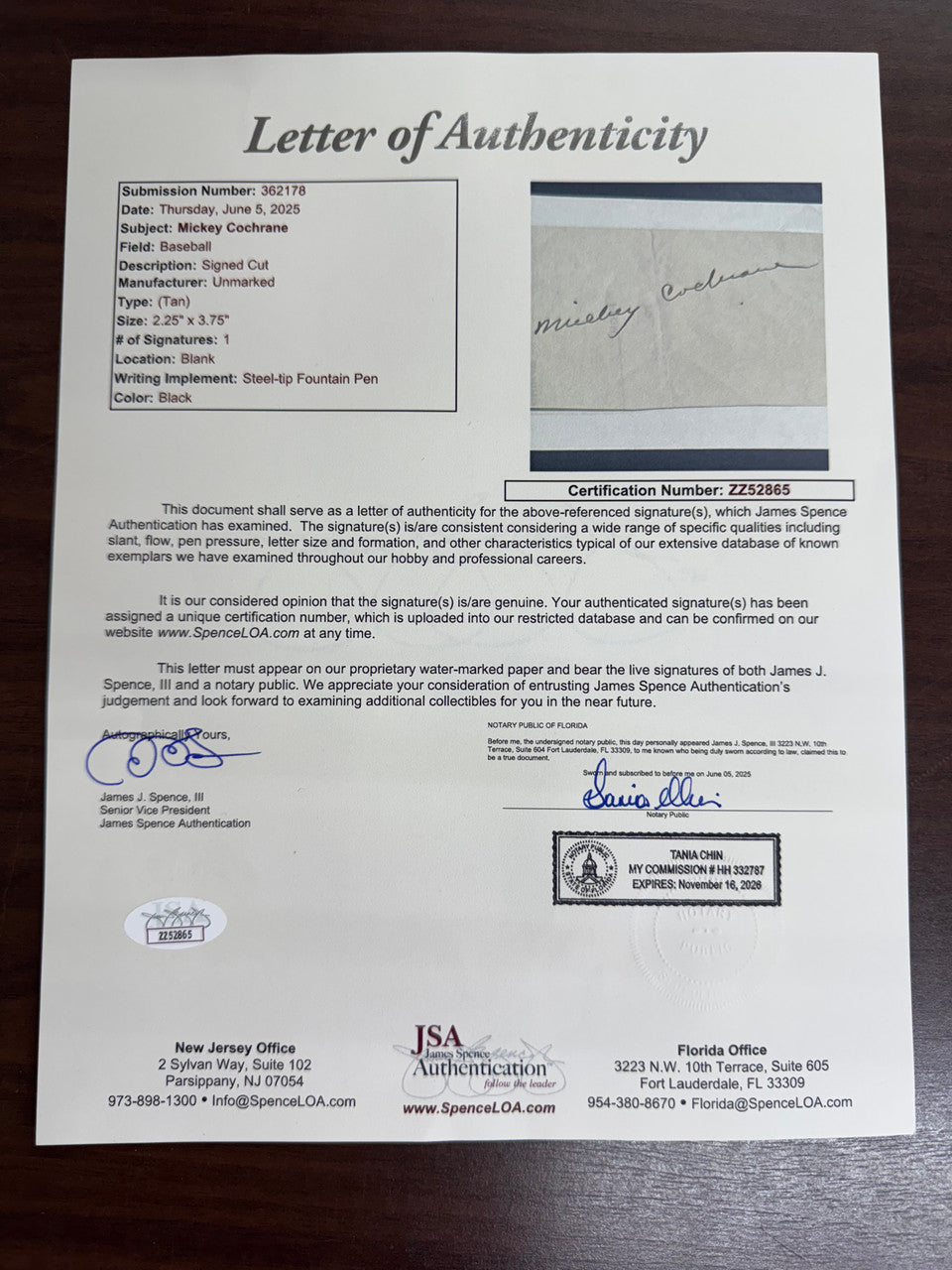 Mickey Cochrane Signed Autographed Cut JSA LOA