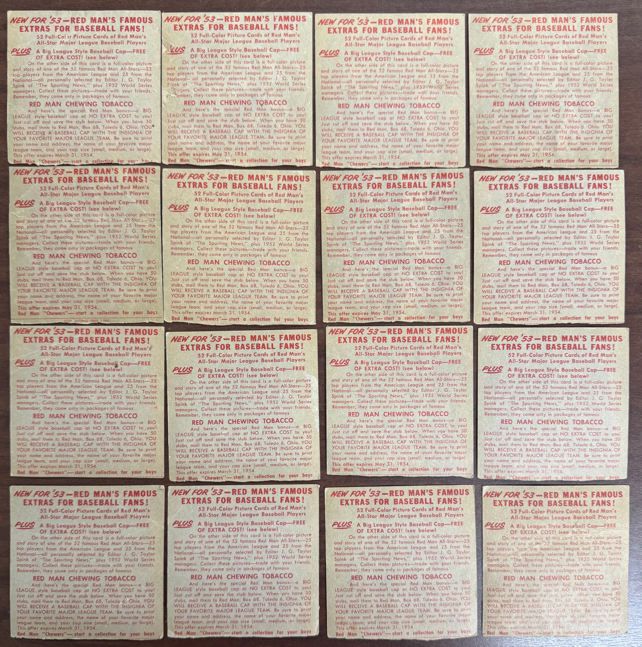 1953 Red Man Baseball Lot Of 16 Low Grade No Tabs