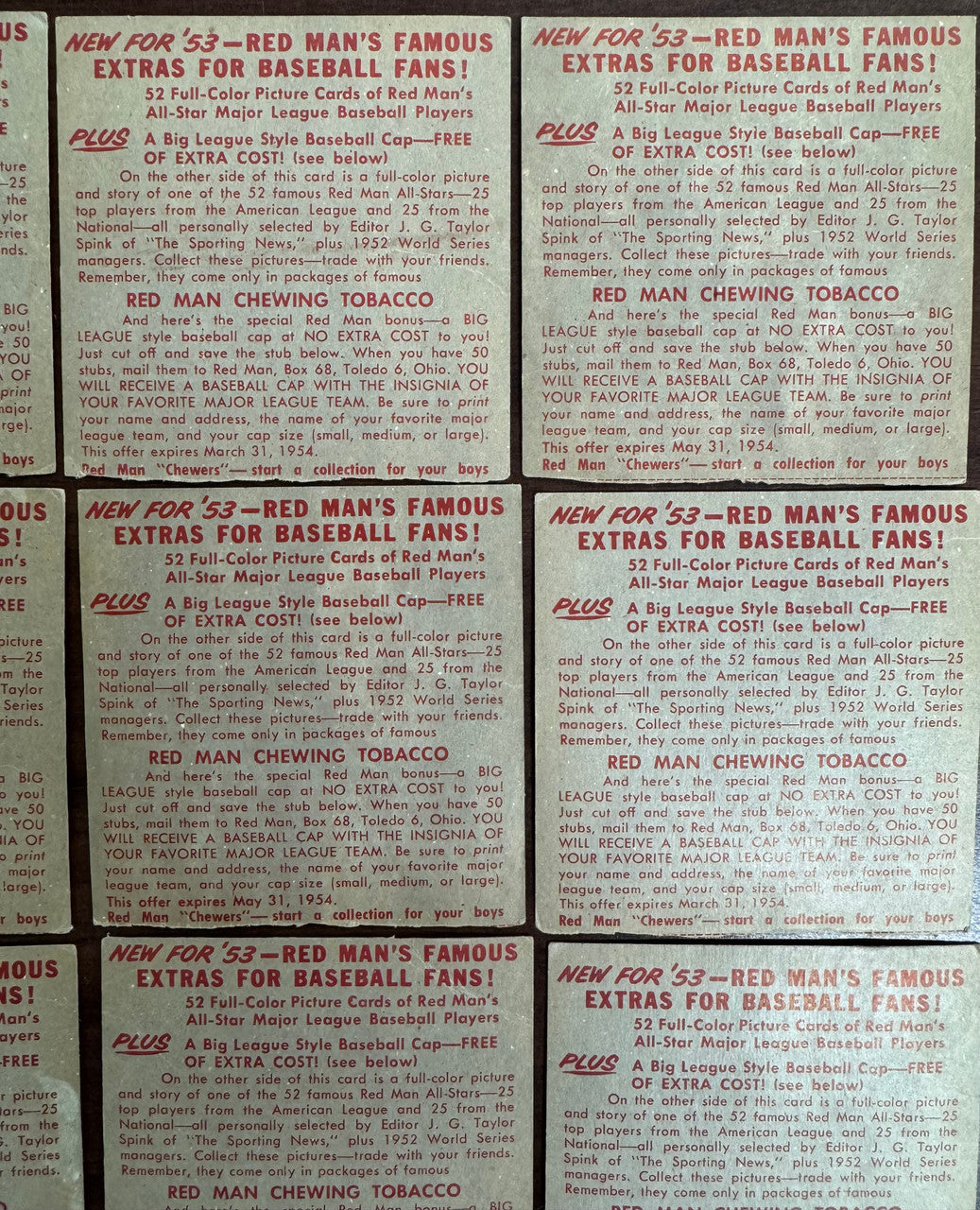 1953 Red Man Baseball Lot Of 16 Low Grade No Tabs