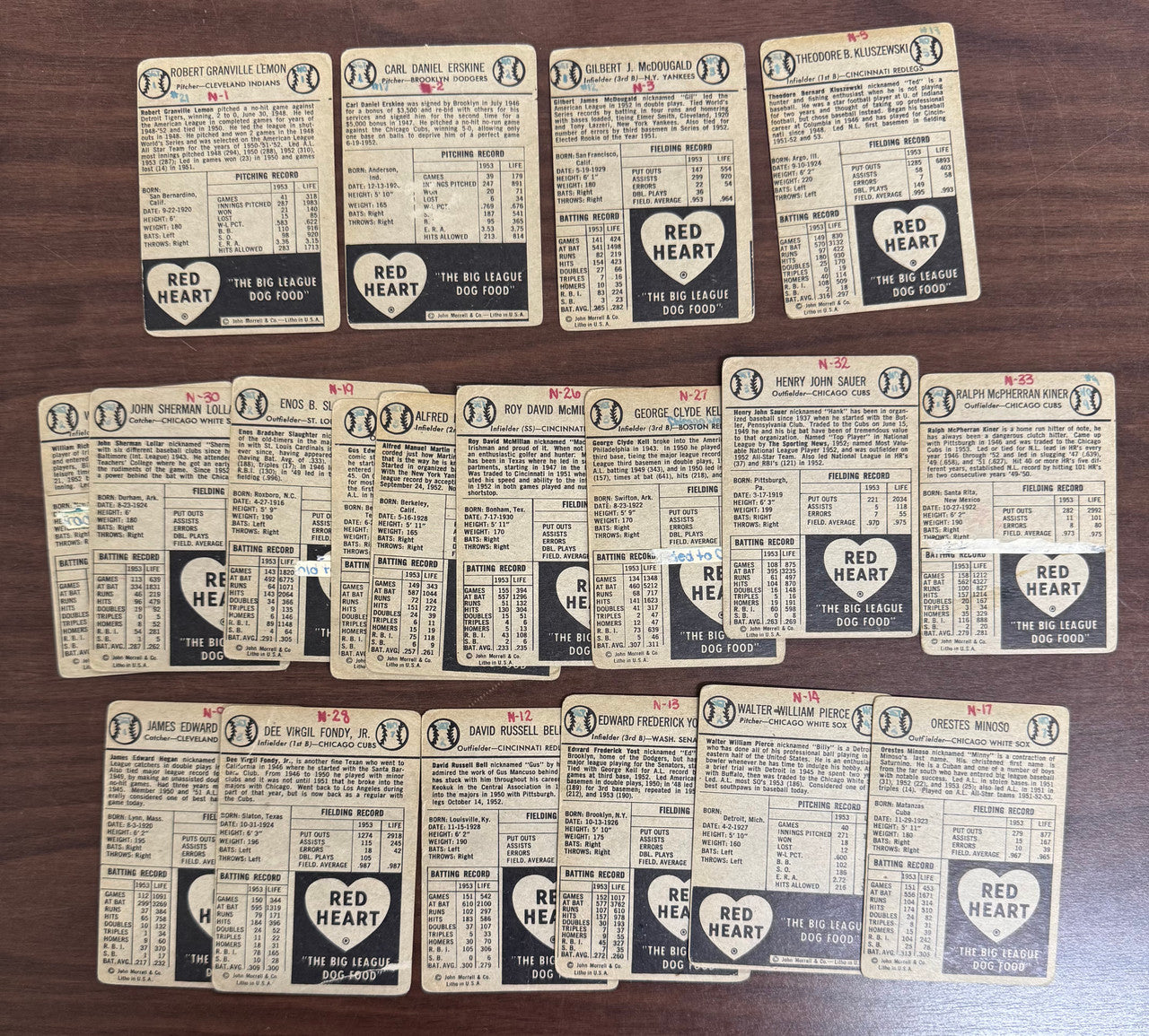 1954 Red Heart Baseball Lot Of 19 Low Grade Lemon Martin Slaughter Minoso