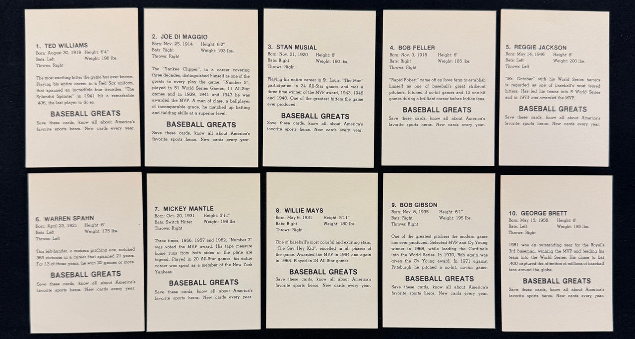 1985 Baseball Greats Cartoon Caricature Set (10) Williams DiMaggio Mays ++