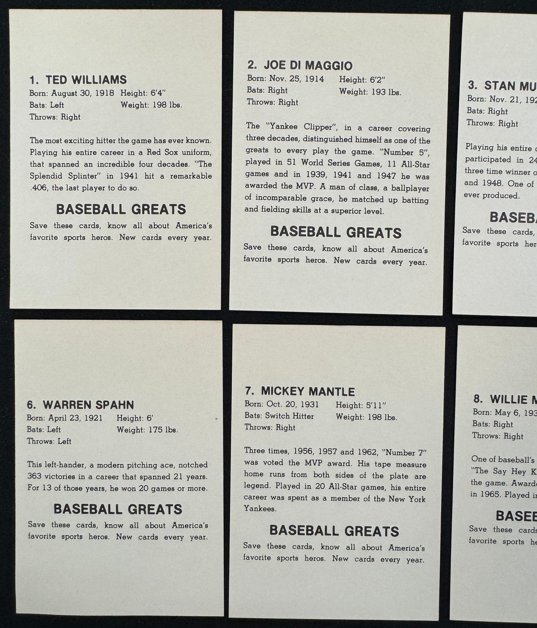 1985 Baseball Greats Cartoon Caricature Set (10) Williams DiMaggio Mays ++