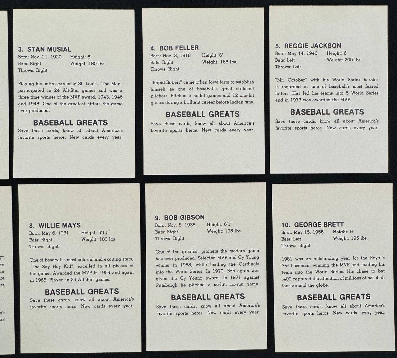 1985 Baseball Greats Cartoon Caricature Set (10) Williams DiMaggio Mays ++