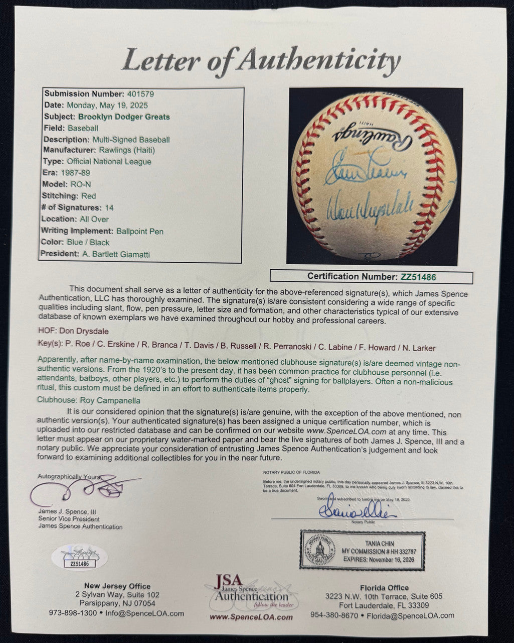 Dodgers Team Signed Autographed Drysdale Erskine + Rawlings ONL Baseball JSA LOA