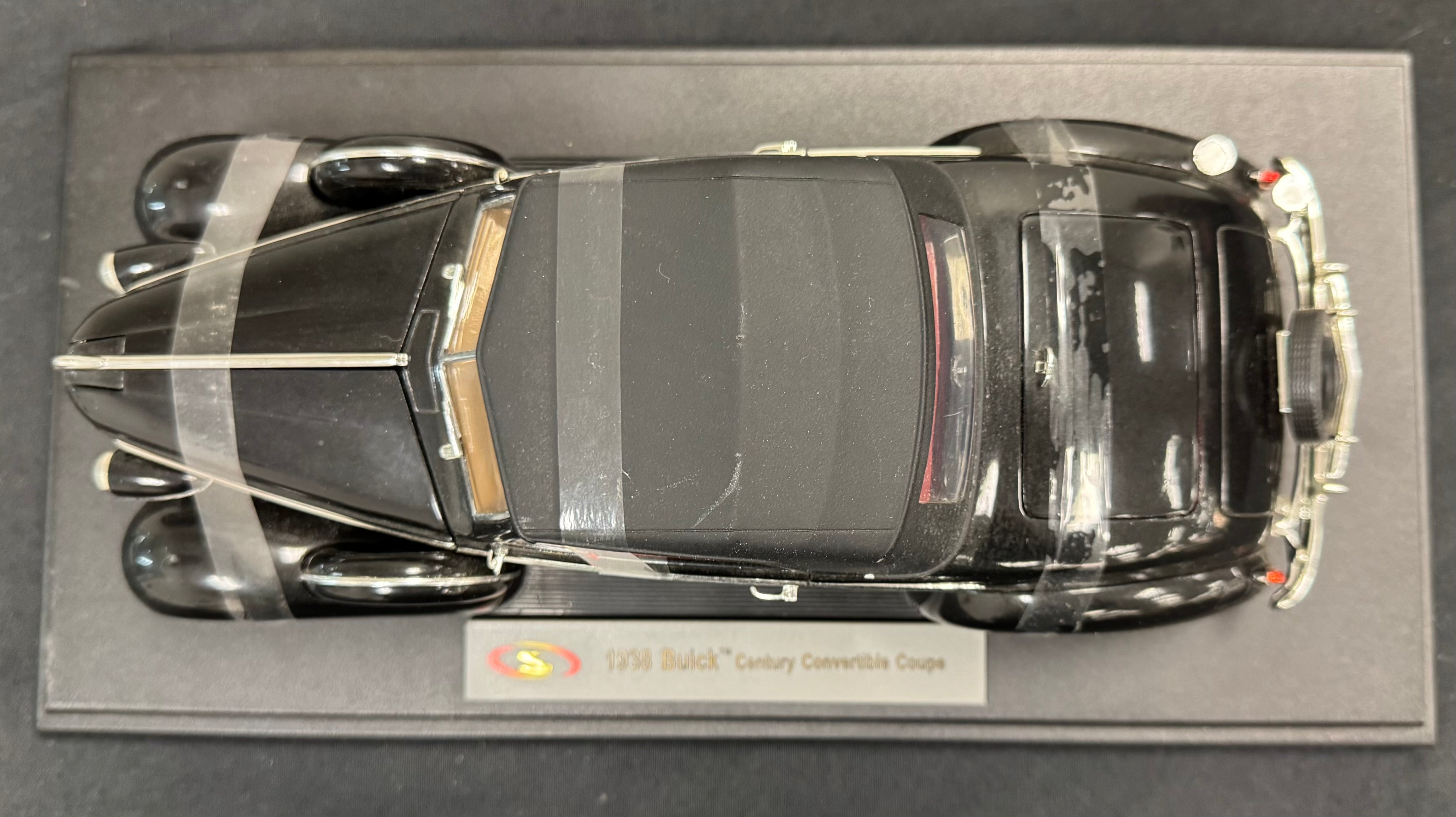 1938 Buick Century Convertible Coupe Black 1/18 Diecast Car with Stand