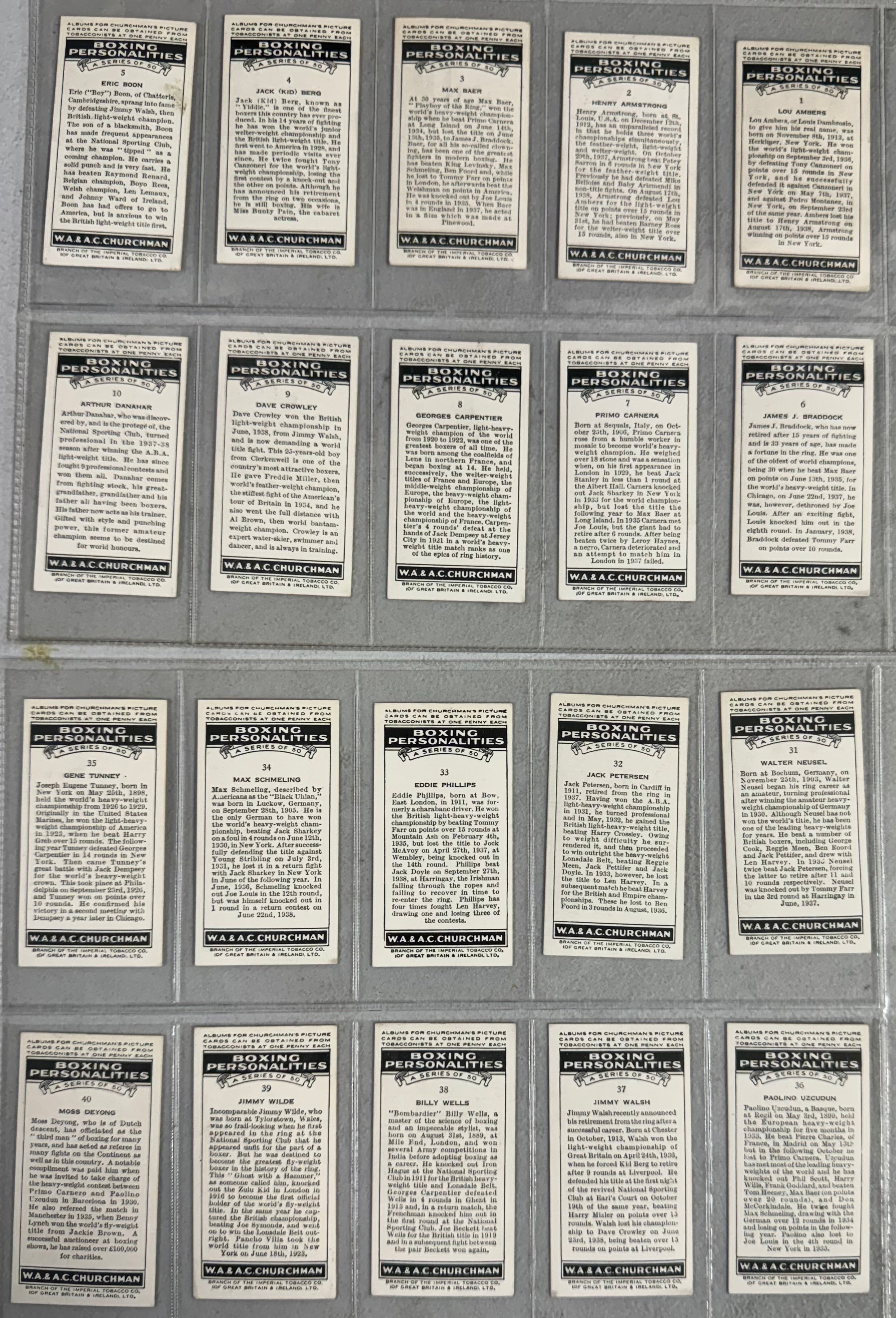 1938 Churchman Boxing Personalities Complete Set 50/50 EX-MT
