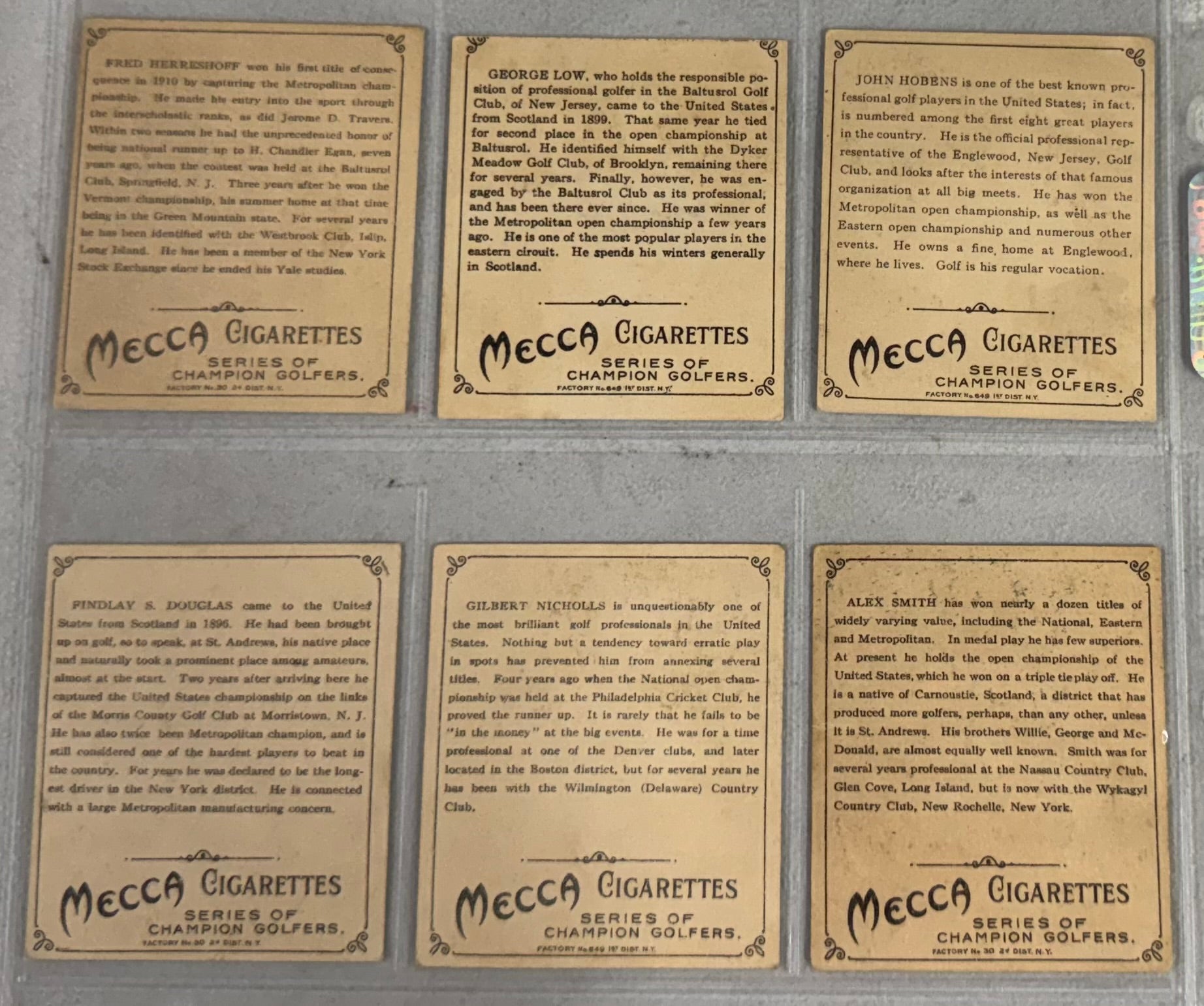 1910 T218 Mecca Series of Champion Golfers Complete Set 6/6 VG-EX