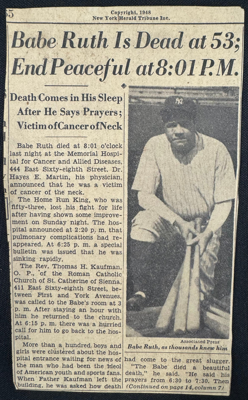 August 16-20, 1948 Babe Ruth Dies New York Newspaper Lot