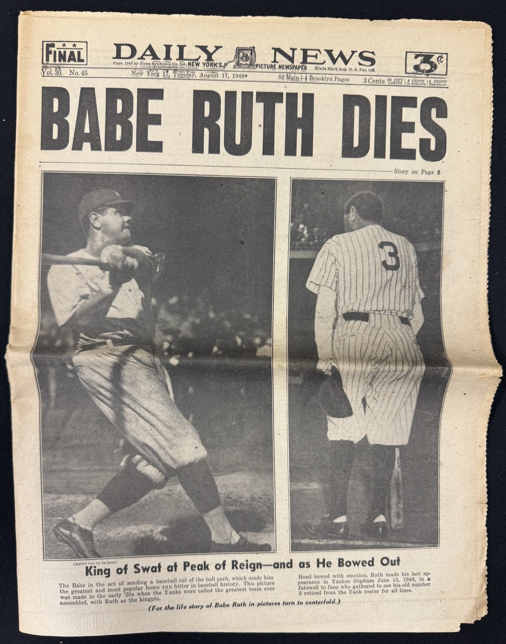August 16-20, 1948 Babe Ruth Dies New York Newspaper Lot