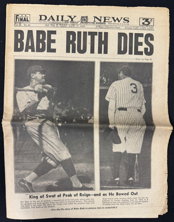 August 16-20, 1948 Babe Ruth Dies New York Newspaper Lot