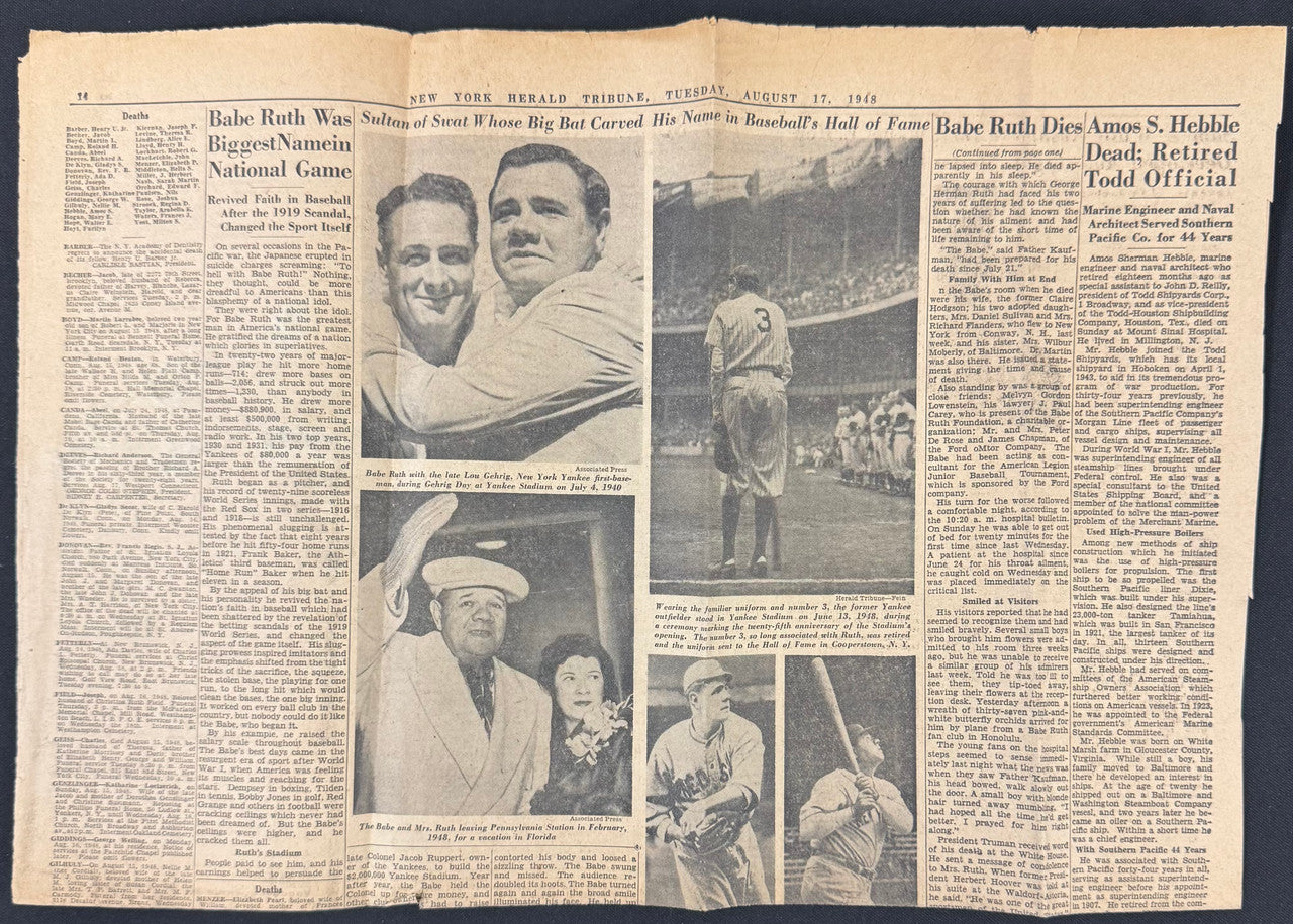 August 16-20, 1948 Babe Ruth Dies New York Newspaper Lot