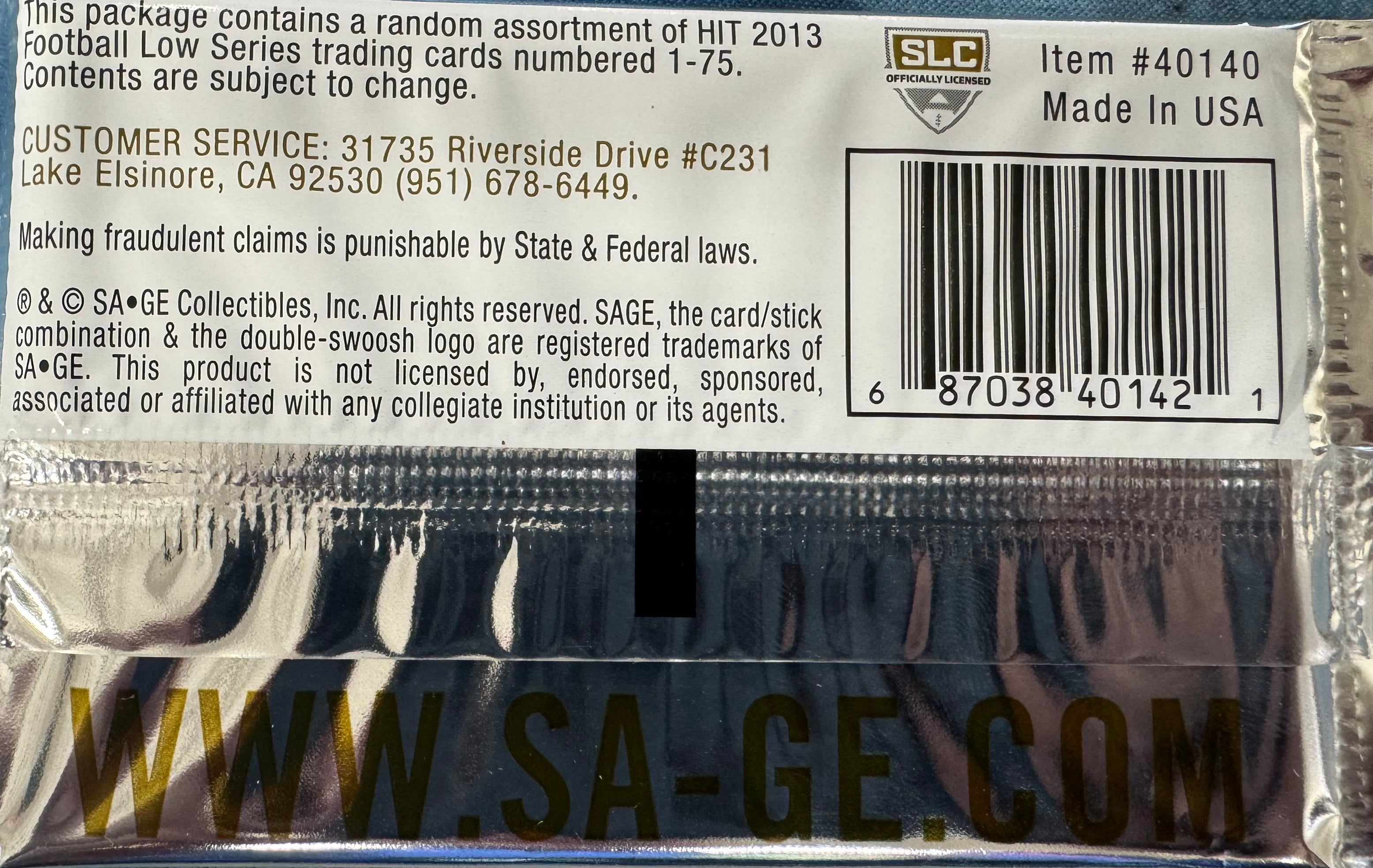 2013 Sage Hit Football Low Series Collector's Edition Retail Pack