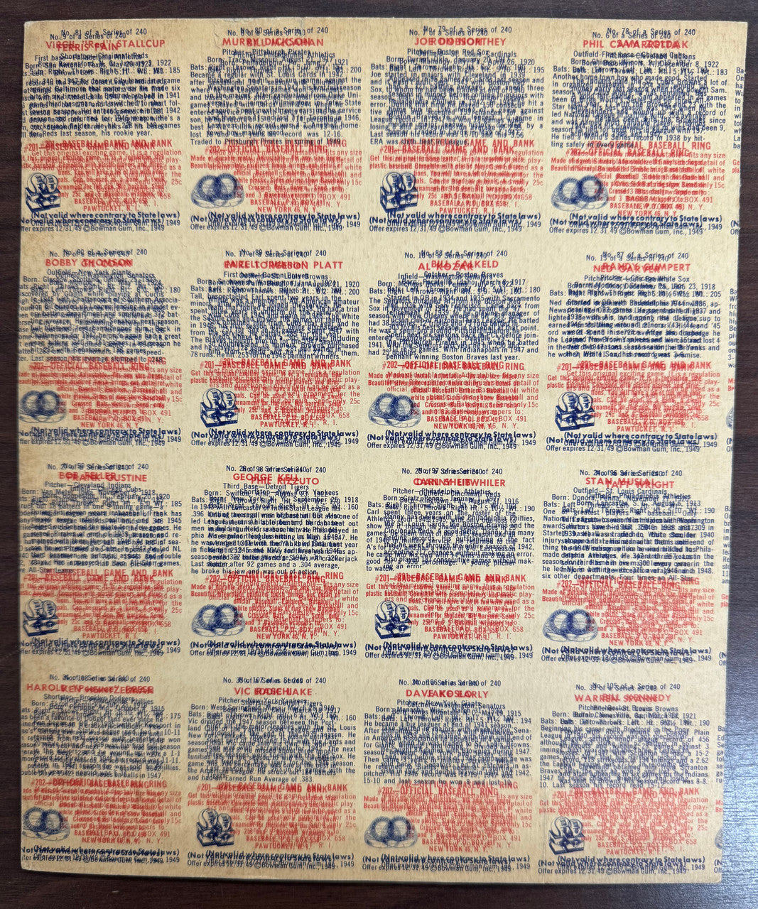 1949 Bowman Baseball 2 Uncut Error Sheets Musial Feller Spahn Double Hit On Back
