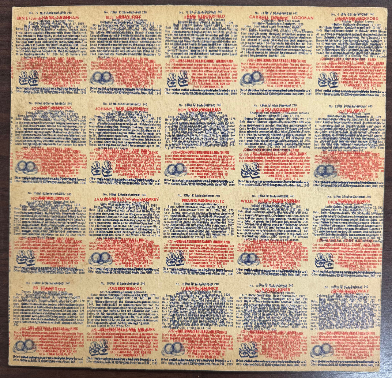 1949 Bowman Baseball 2 Uncut Error Sheets Musial Feller Spahn Double Hit On Back