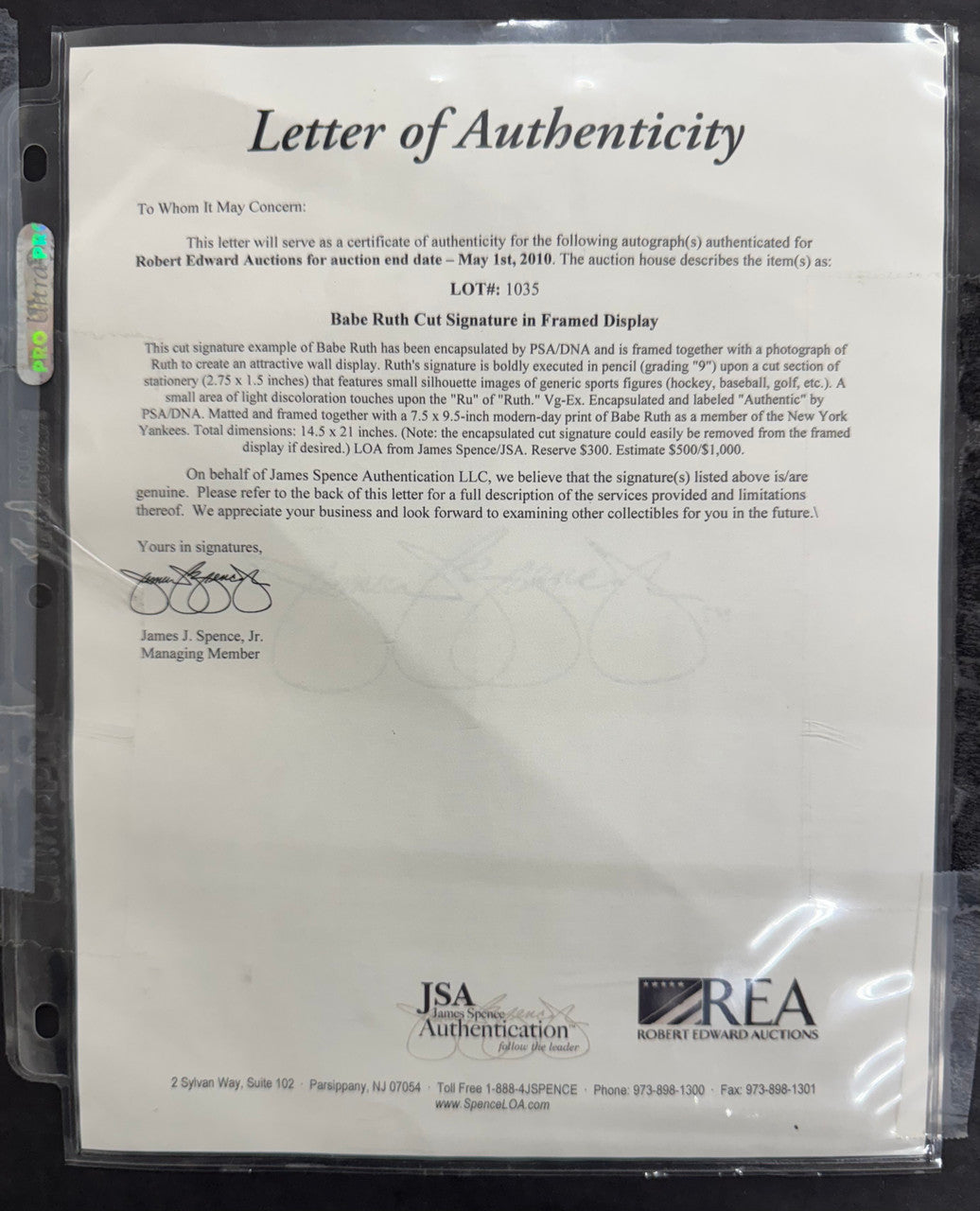 Babe Ruth Signed Autographed Cut PSA Authentic Framed w/ Photo