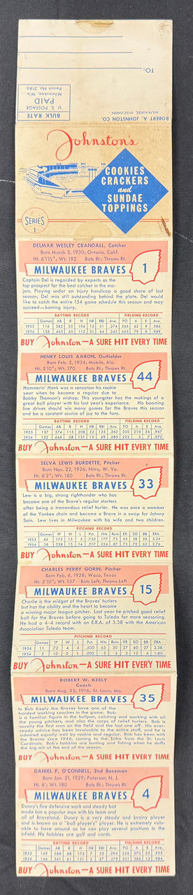 1955 Johnston Cookies Complete Series 1 6 Card Panel w/ Hank Aaron