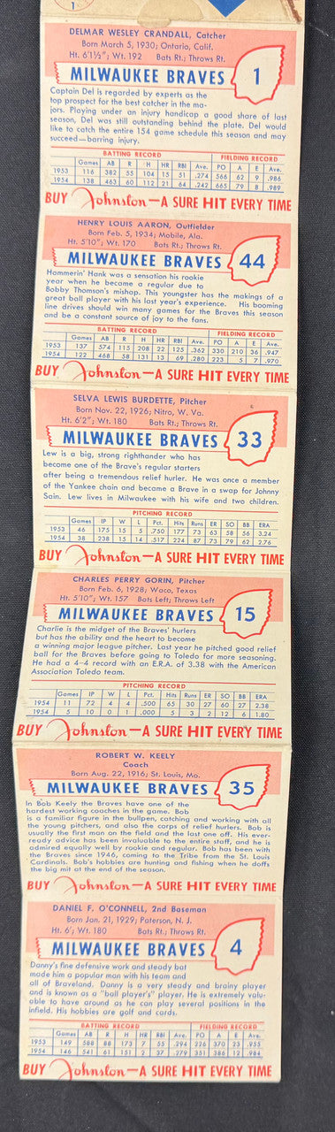 1955 Johnston Cookies Complete Series 1 6 Card Panel w/ Hank Aaron