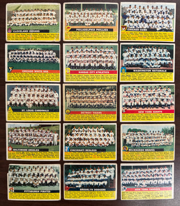 1956 Topps Baseball Team Cards Lot of 15 Low Grade