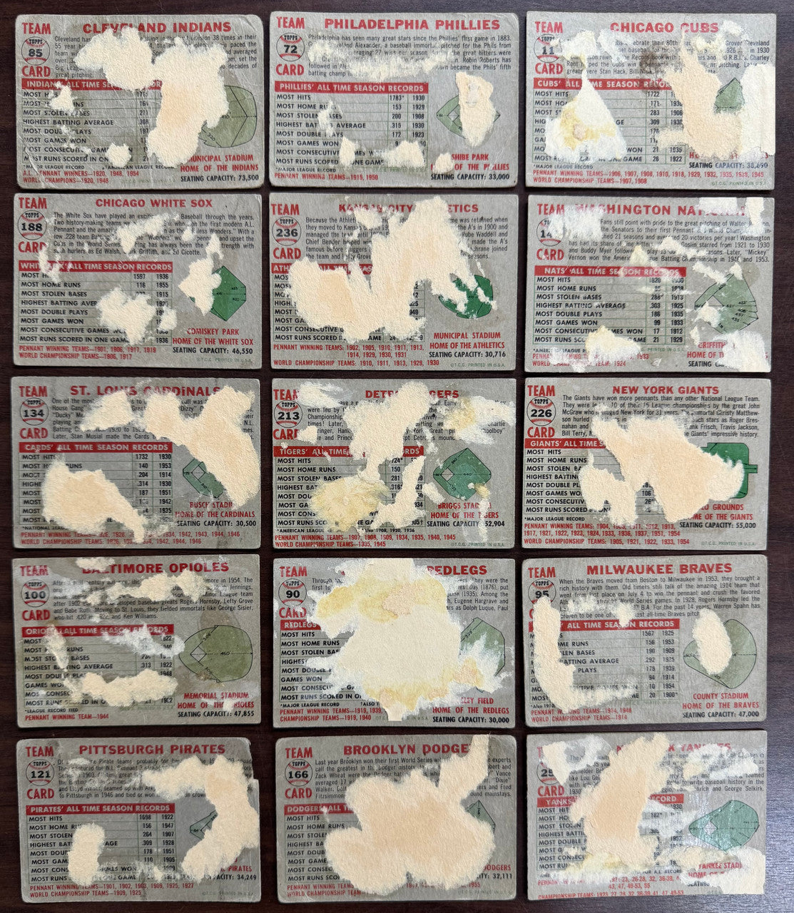 1956 Topps Baseball Team Cards Lot of 15 Low Grade