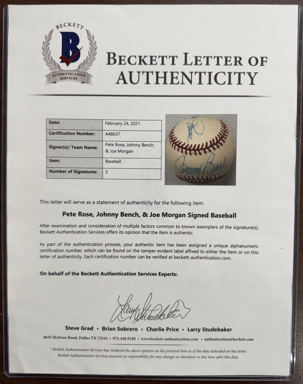 Pete Rose Johnny Bench Joe Morgan Signed Autographed Rawlings ONL Baseball BAS