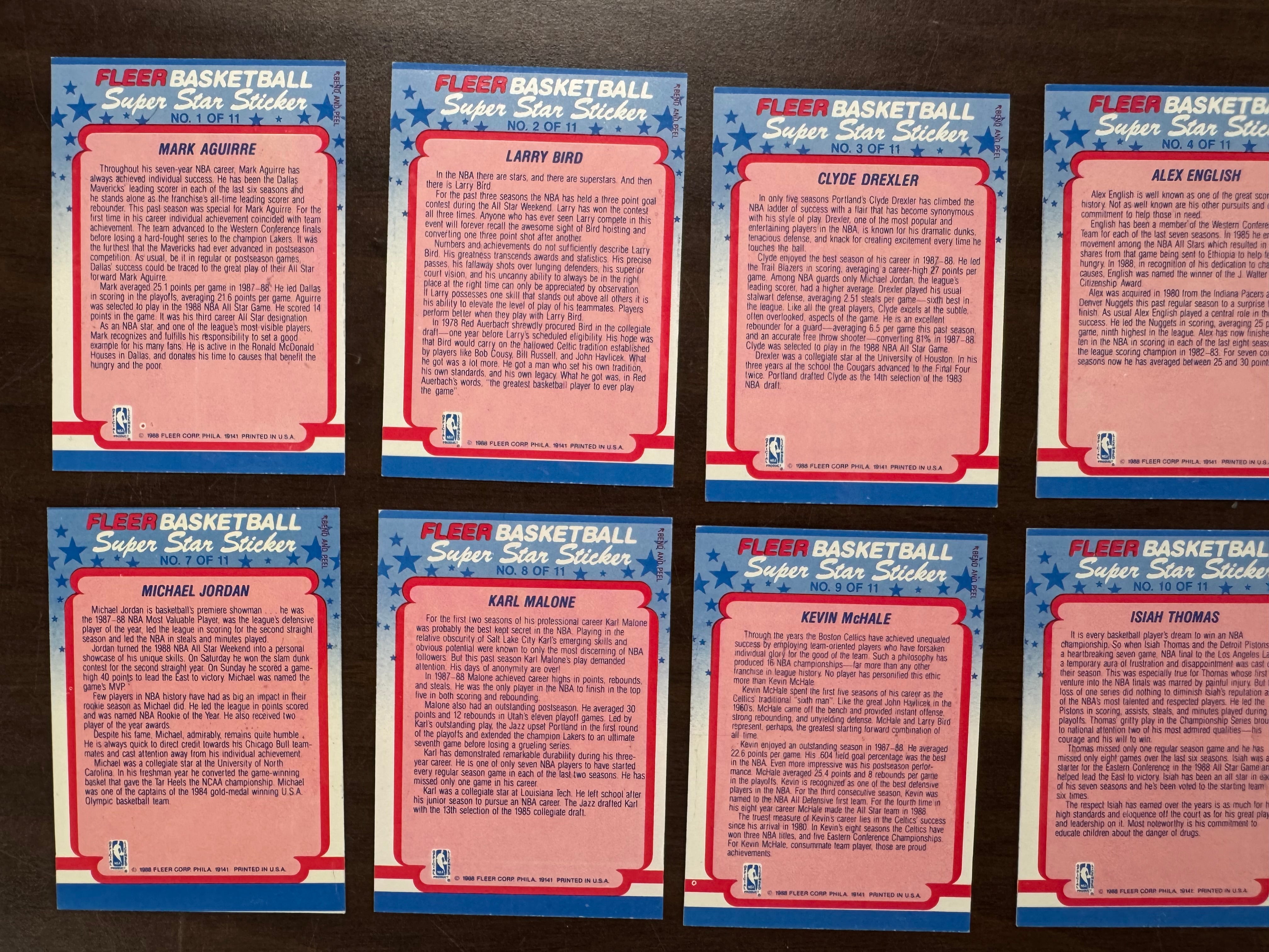 1988/89 Fleer Basketball Complete Sticker Set (11/11) NM