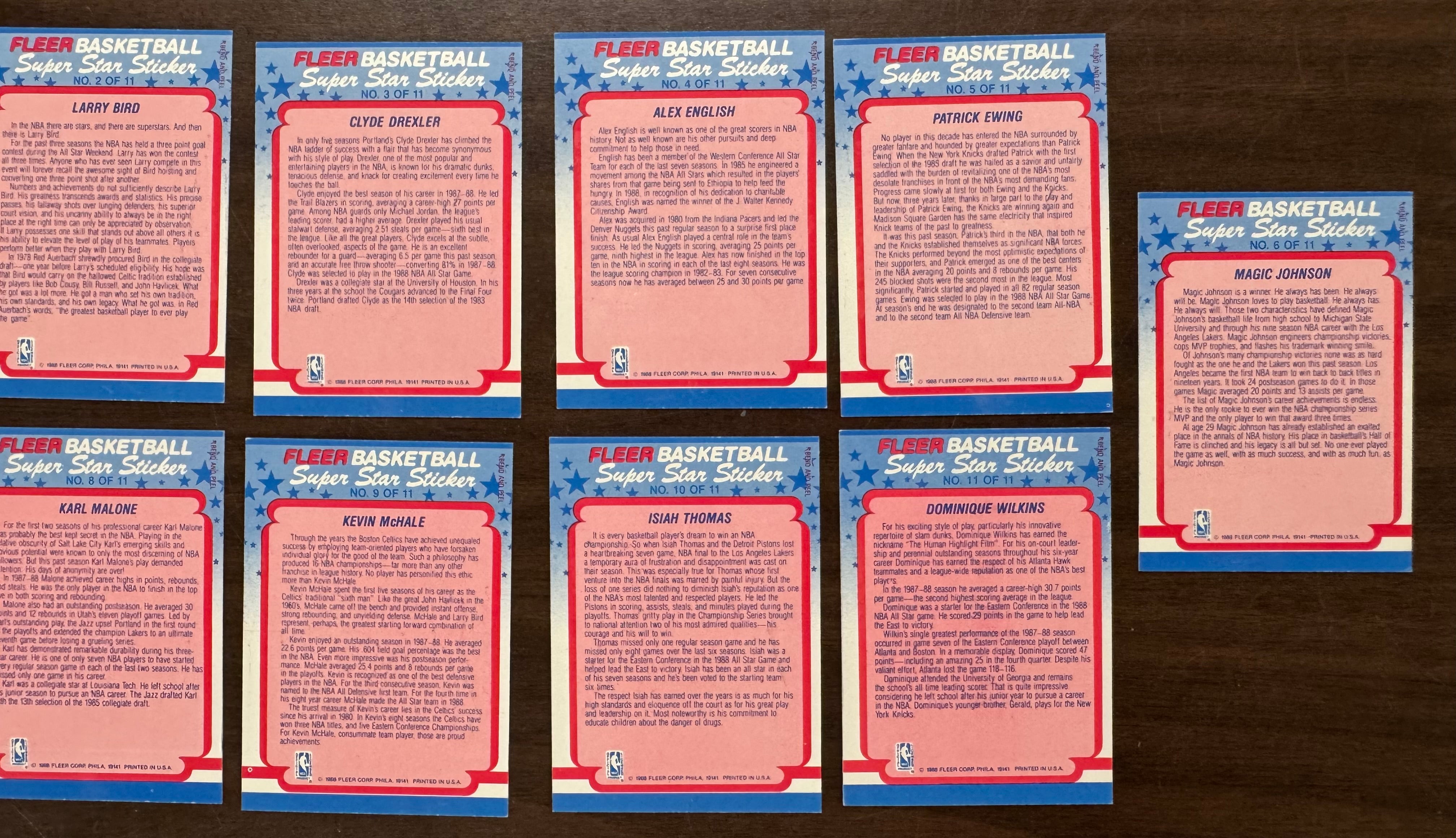 1988/89 Fleer Basketball Complete Sticker Set (11/11) NM