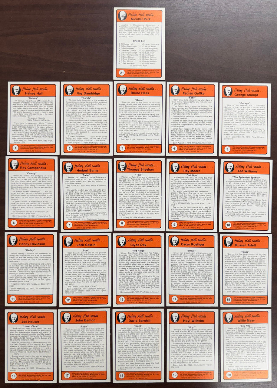 1978 Olde Baseball Halsey Hall Recalls Complete Set (21) NM/MT Ted Williams