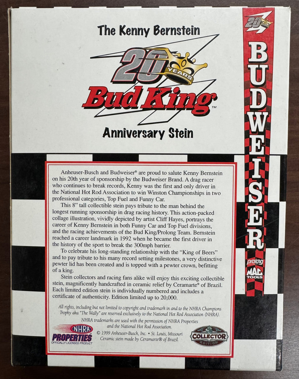 1999 Anheuser Busch Budweiser Kenny Bernstein 20 Year Bud King Anniversary Stein