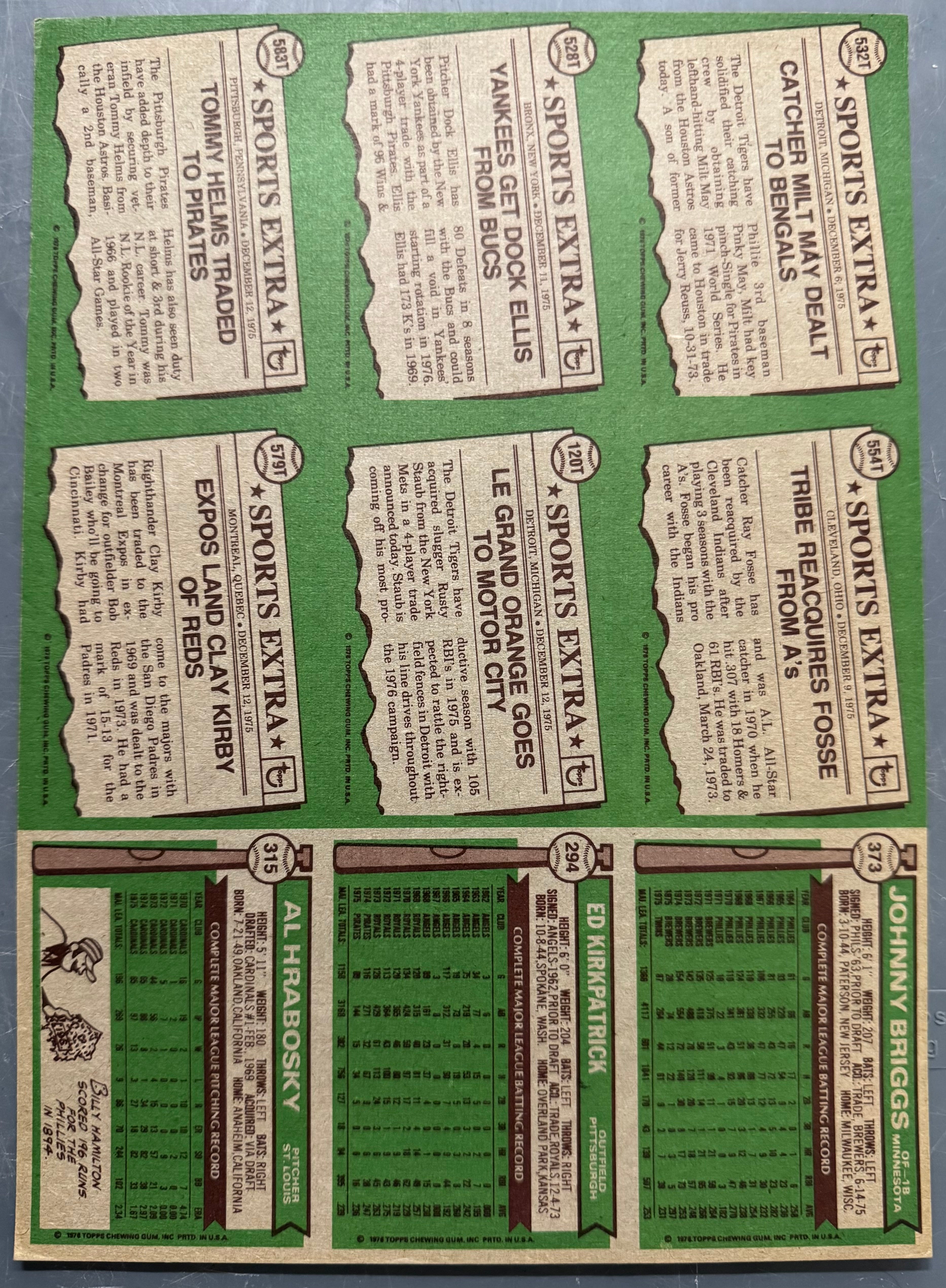 1976 Topps Baseball 9 Card Uncut Sheet (A)