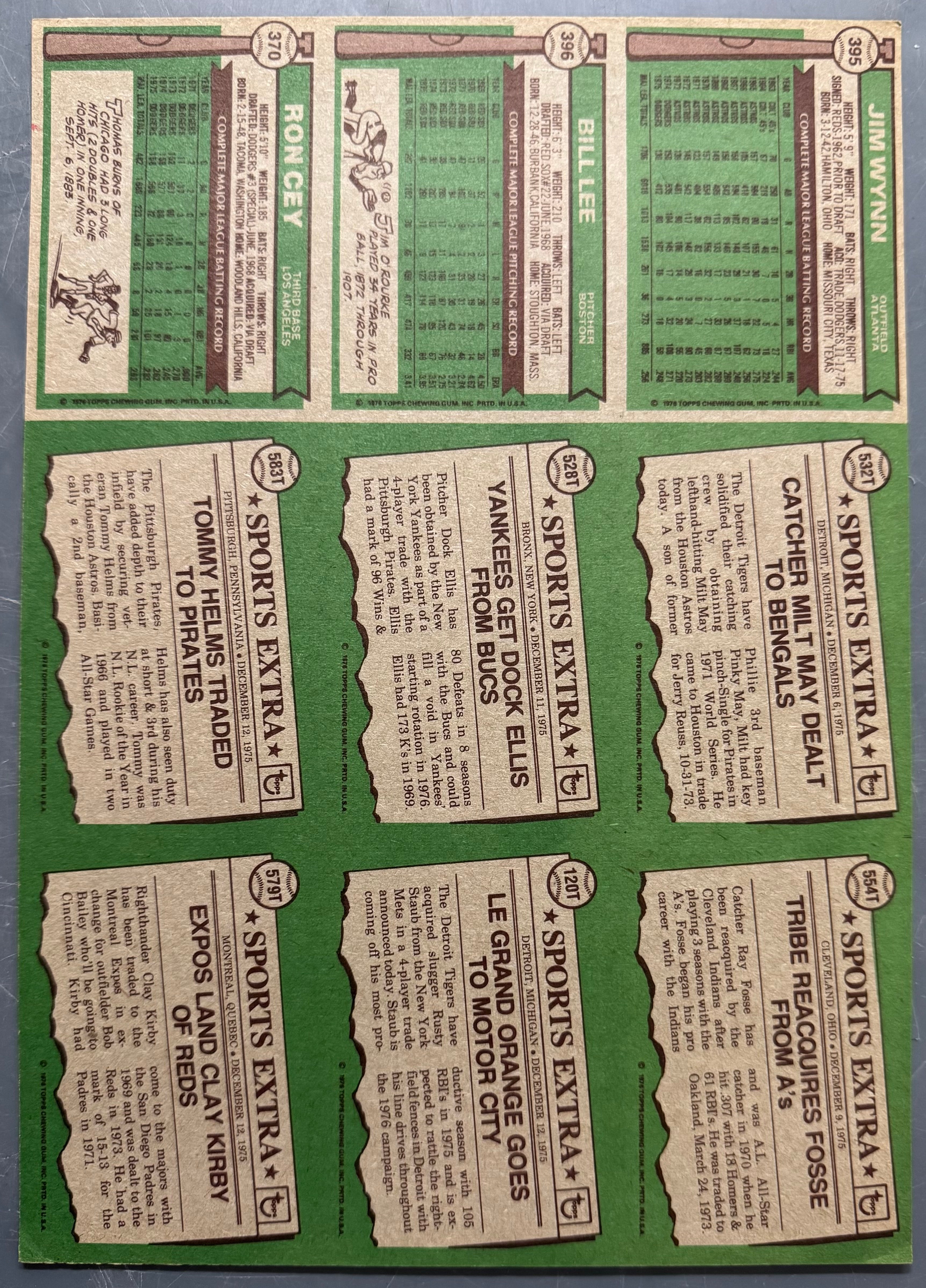 1976 Topps Baseball 9 Card Uncut Sheet (B)