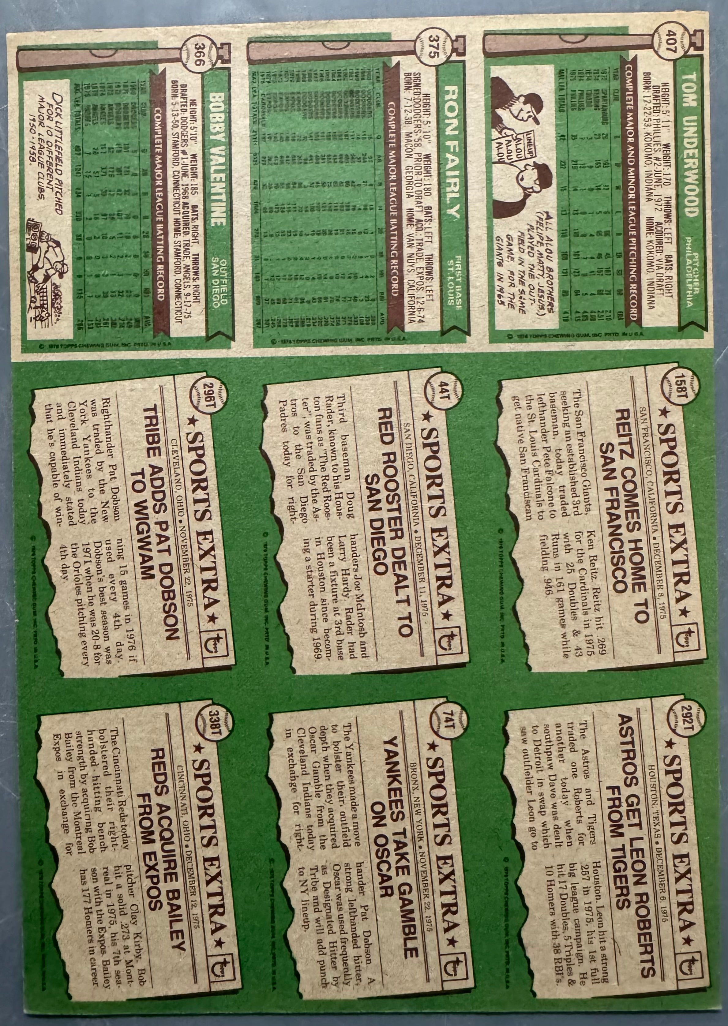 1976 Topps Baseball 9 Card Uncut Sheet (C)