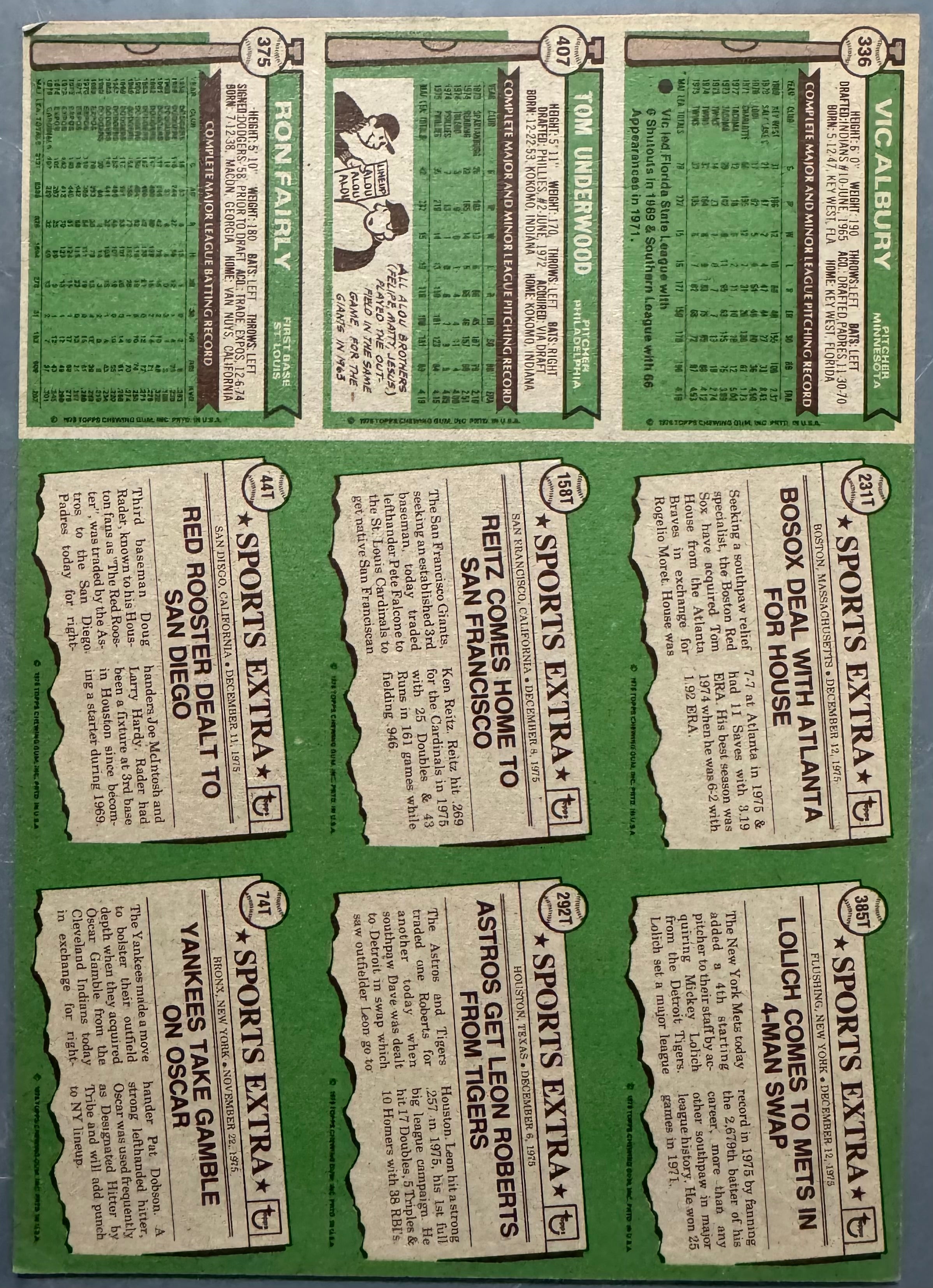 1976 Topps Baseball 9 Card Uncut Sheet (D)