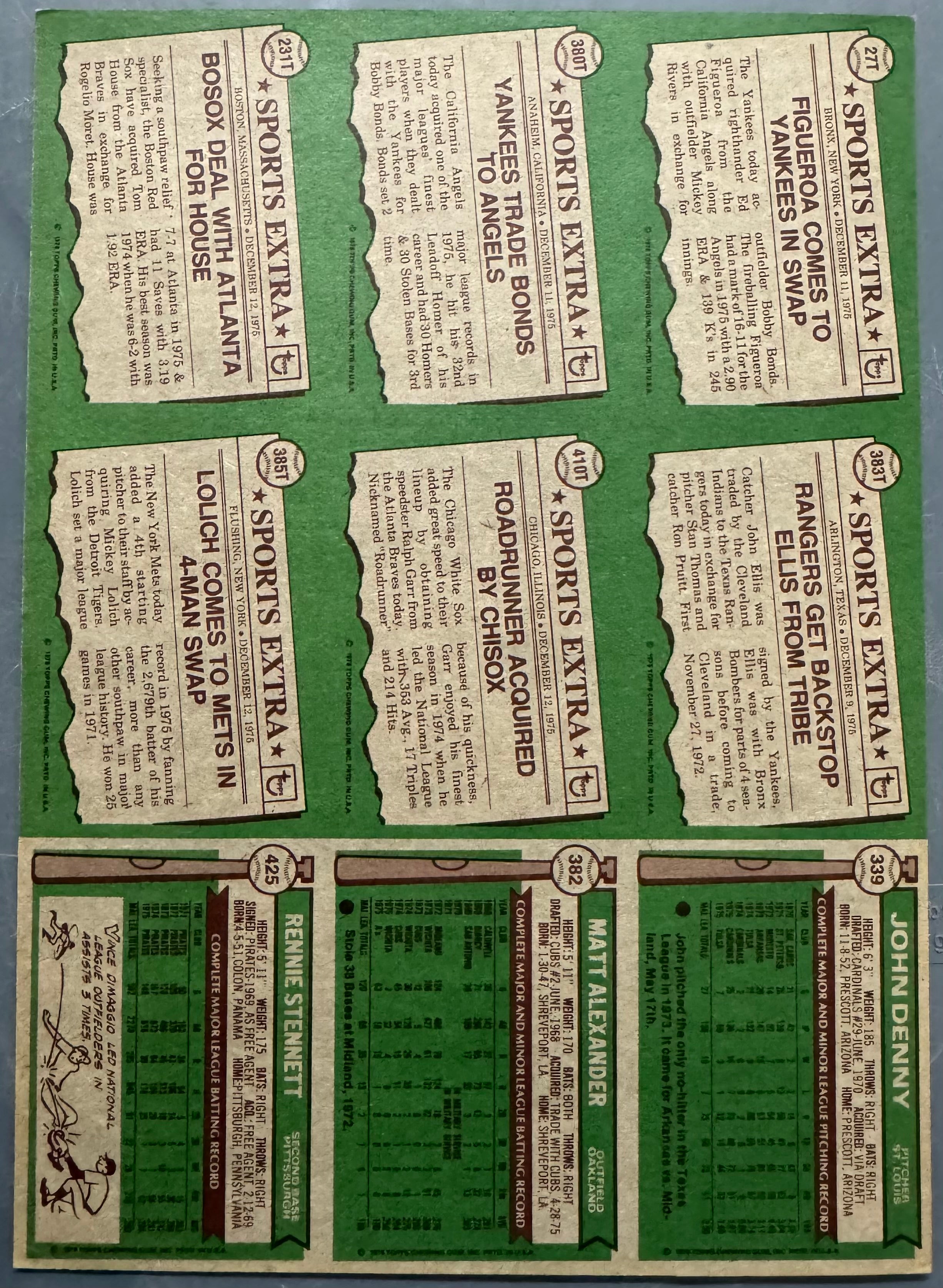 1976 Topps Baseball 9 Card Uncut Sheet (E)