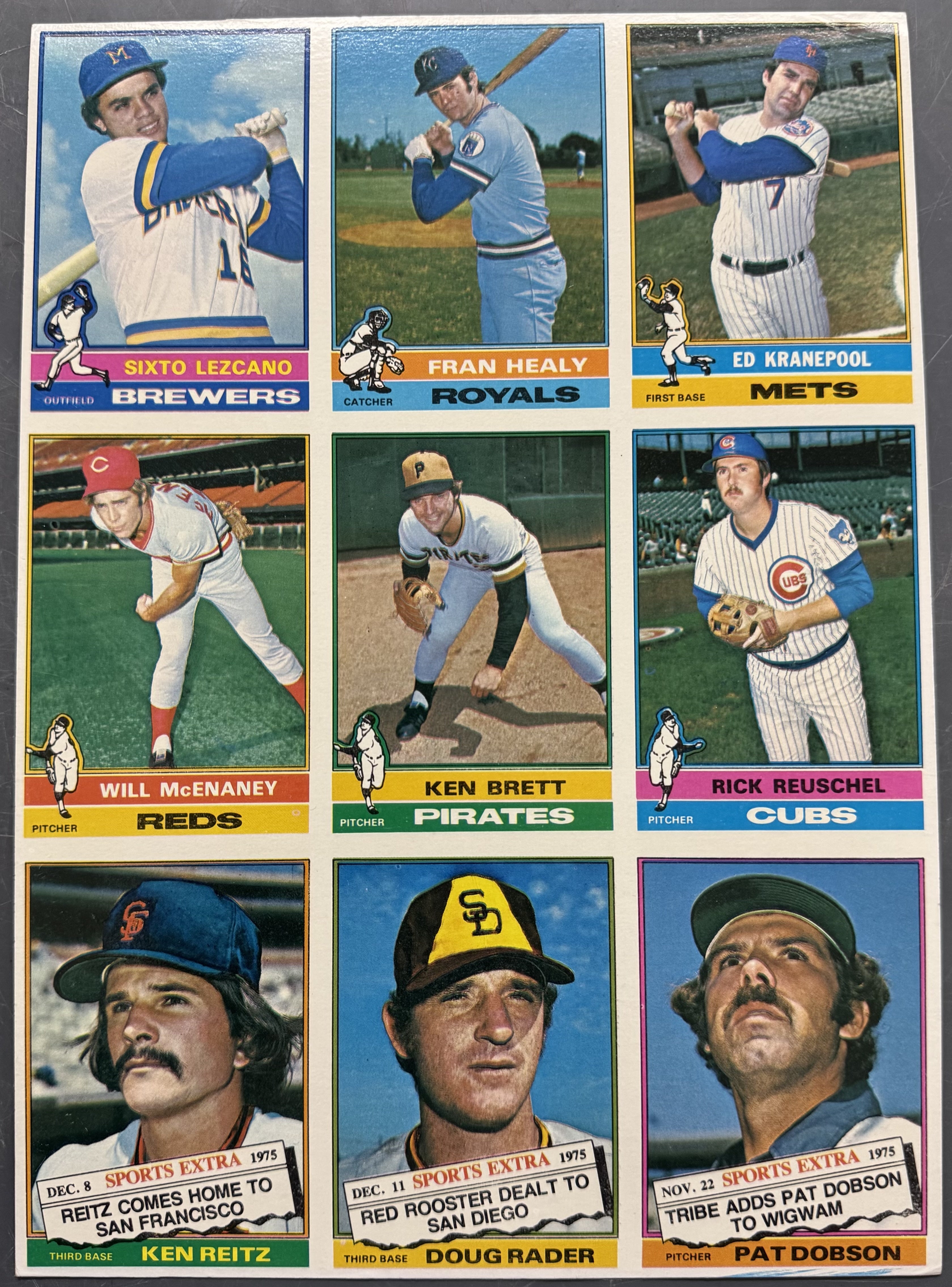 1976 Topps Baseball 9 Card Uncut Sheet (F)