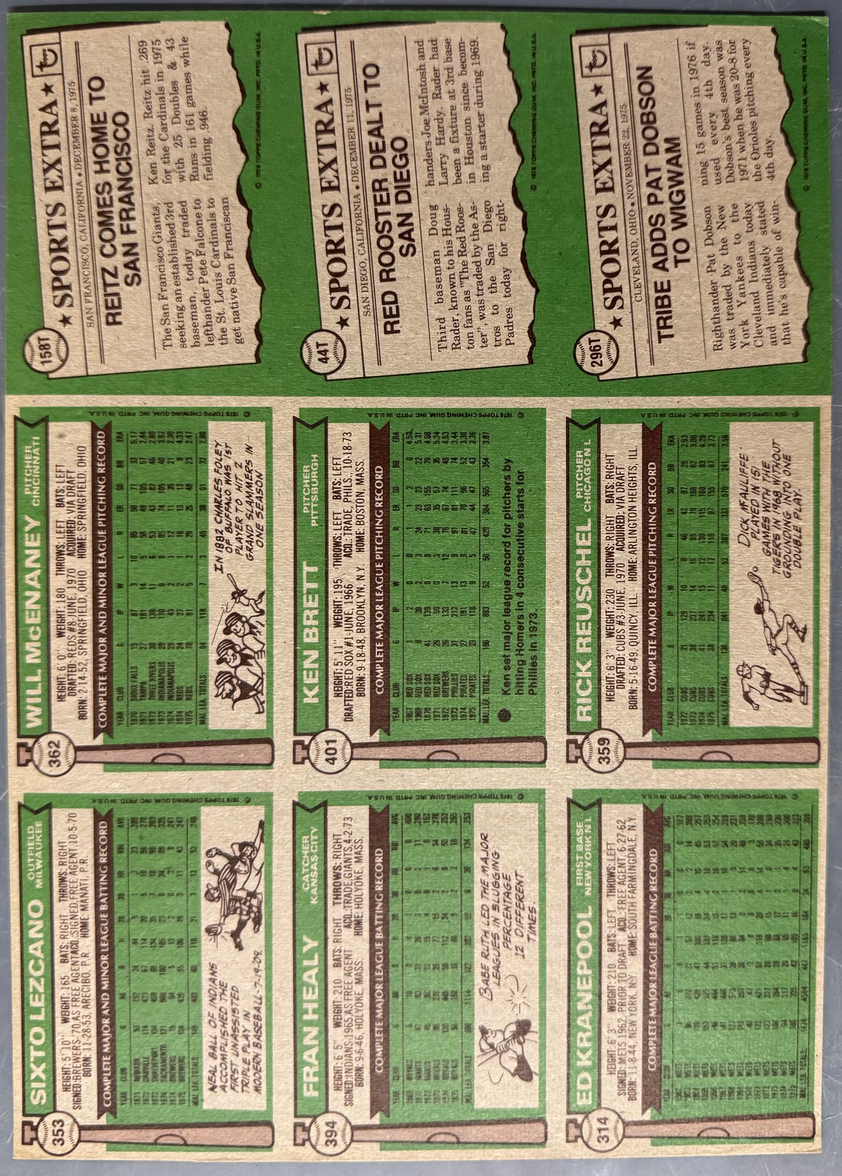 1976 Topps Baseball 9 Card Uncut Sheet (F)