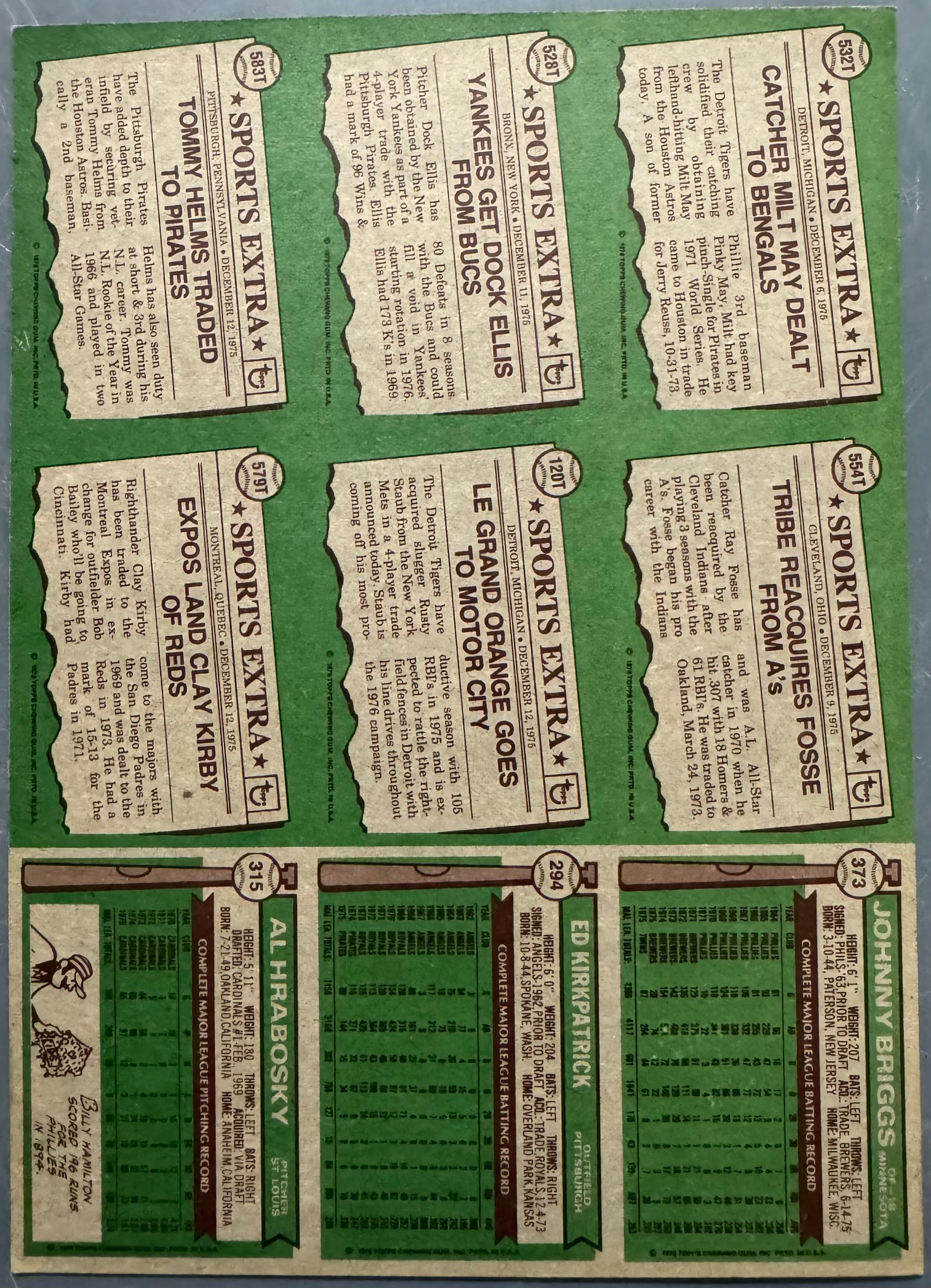 1976 Topps Baseball 9 Card Uncut Sheet (G)