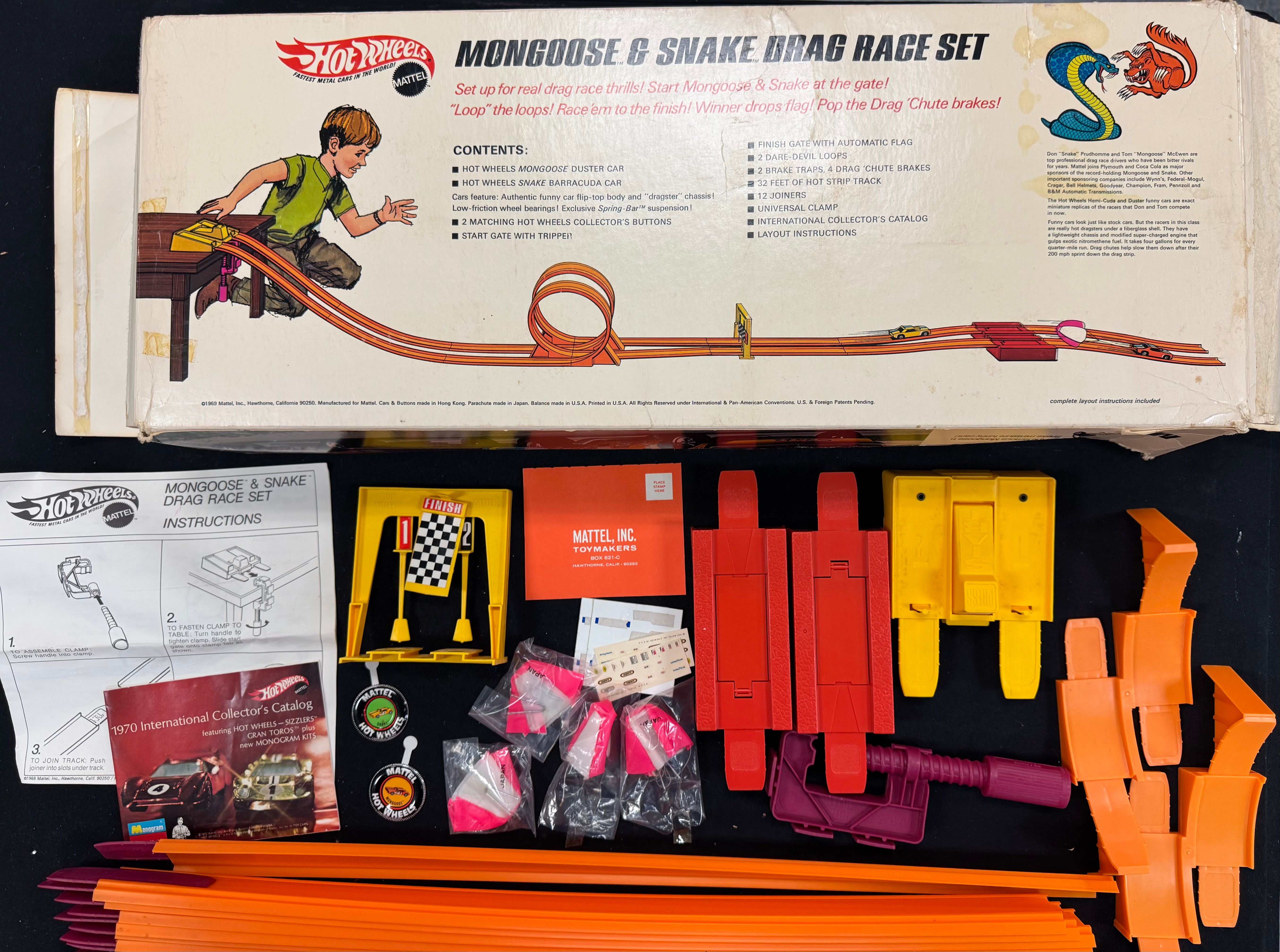 1969 Hot Wheels Mongoose & Snake Drag Race Set Complete No Cars