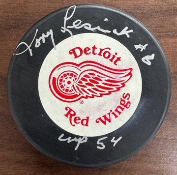 Tony Leswick Signed Autographed Red Wings Puck JSA Cert