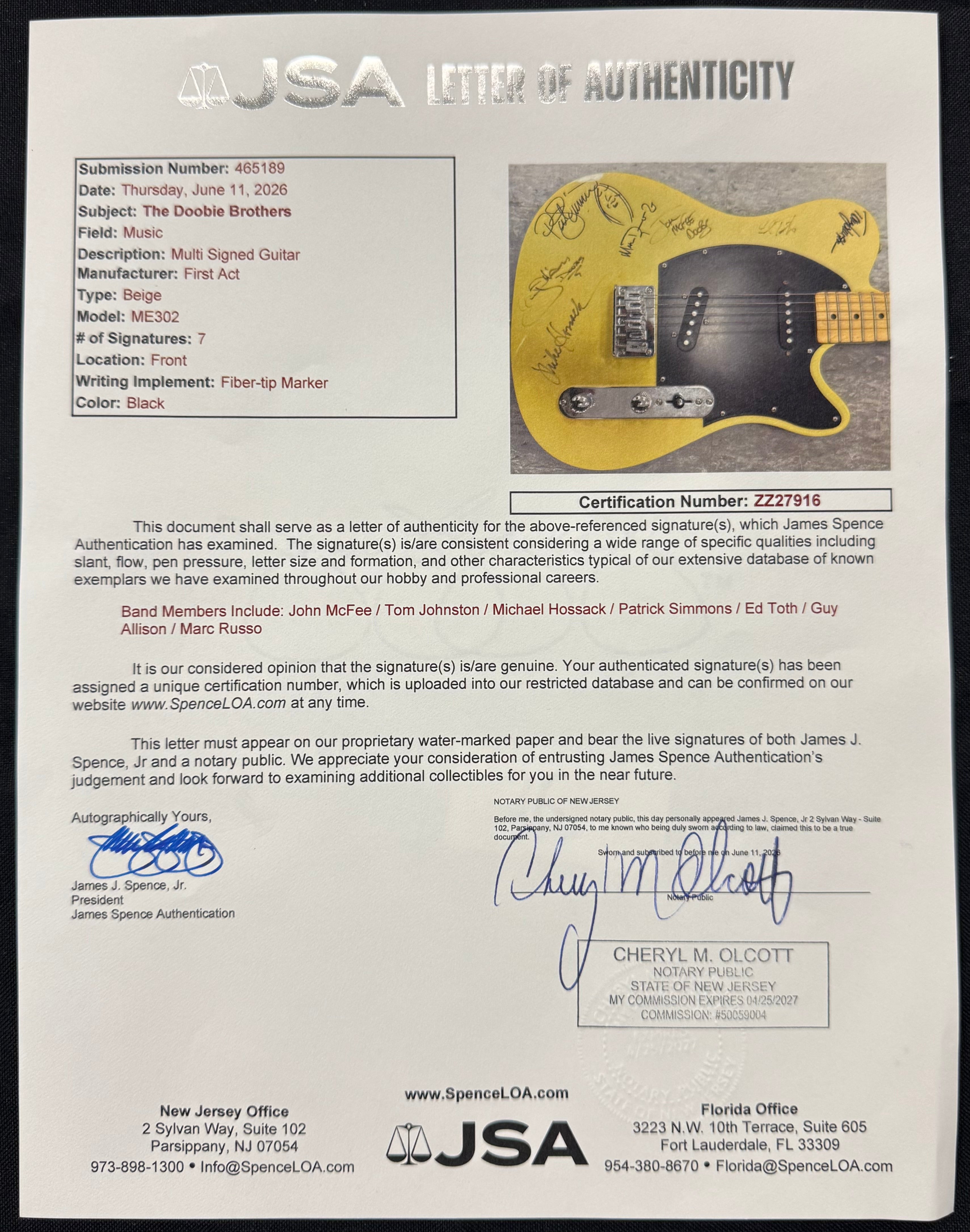 The Doobie Brothers Signed Autographed Electric Guitar JSA Authentic Letter