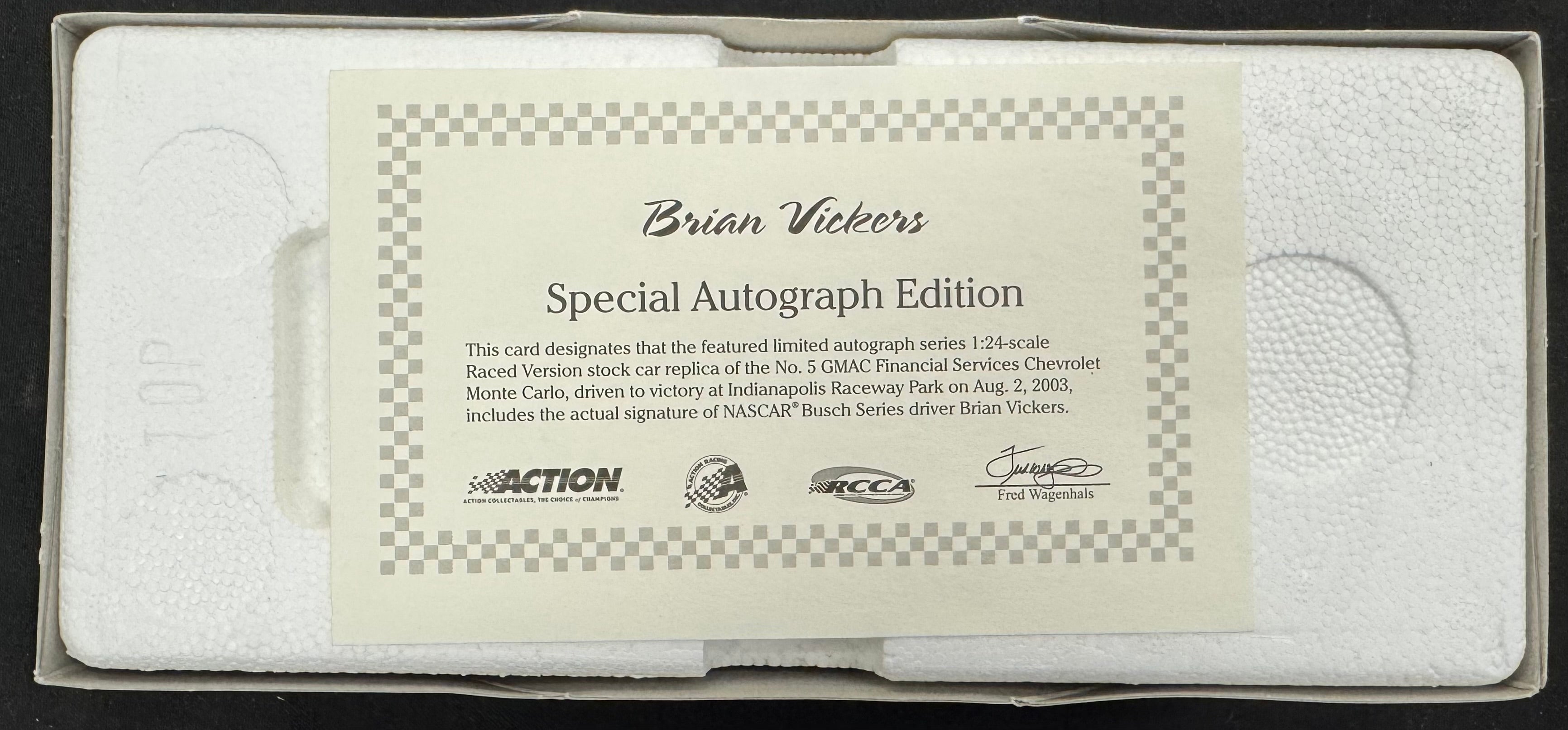 Brian Vickers #5 GMAC Autographed Signed Action Racing 1:24 Diecast Car /1908