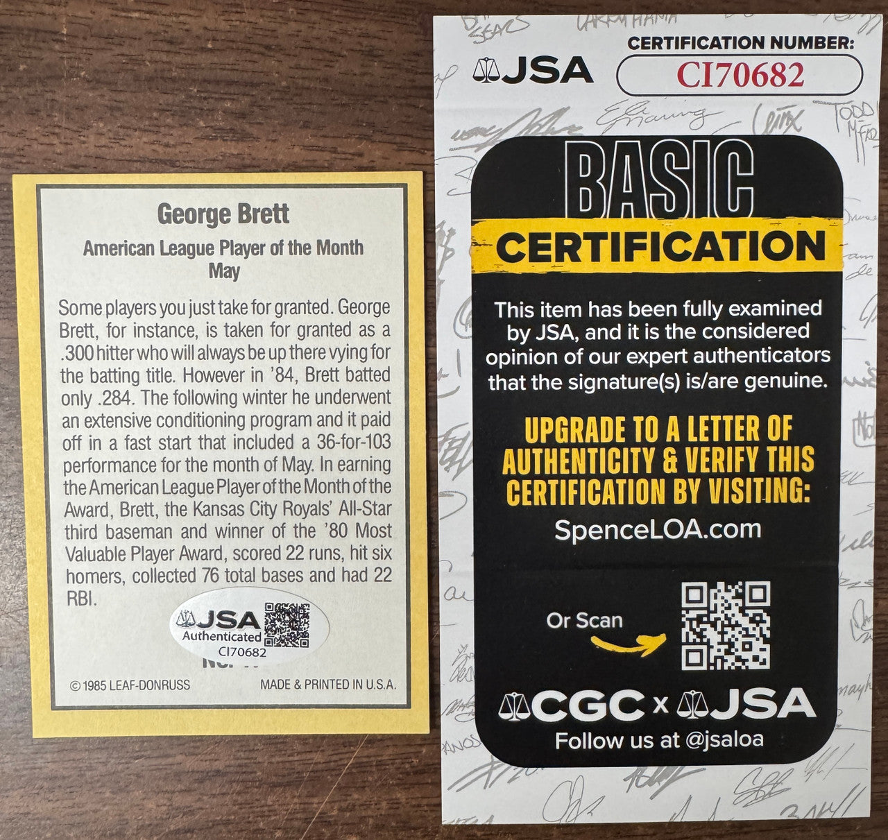 1985 Donruss George Brett Player of The Month Signed Autographed JSA