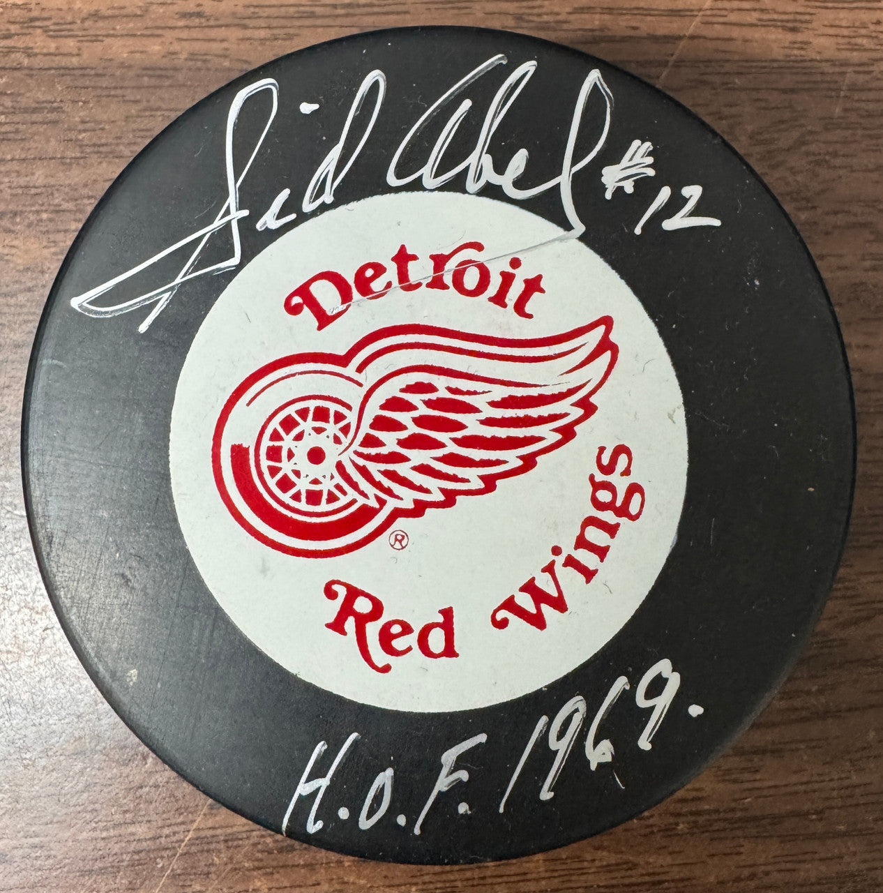 Sid Abel Signed Autographed Inscribed Detroit Red Wings Puck JSA