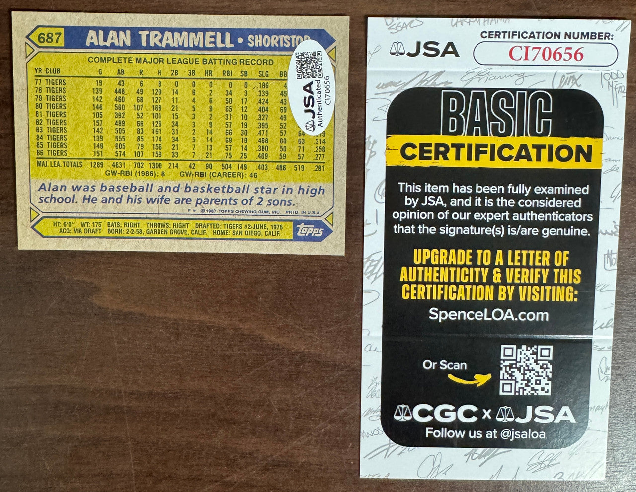 1987 Topps Alan Trammell #687 Signed Autographed JSA