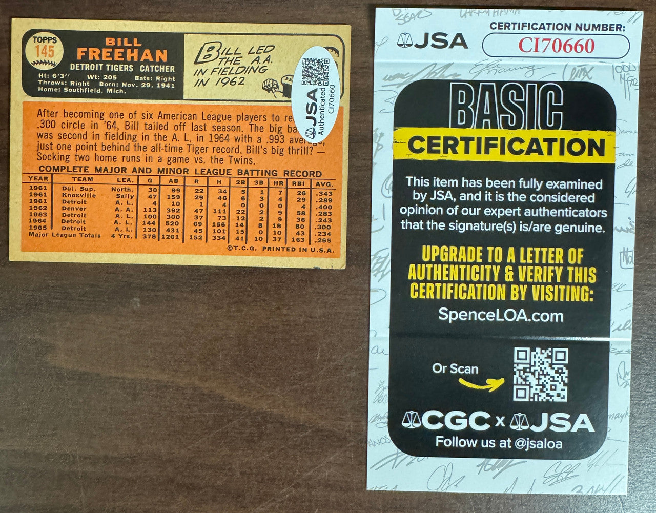 1966 Topps Bill Freehan #145 Signed Autographed JSA