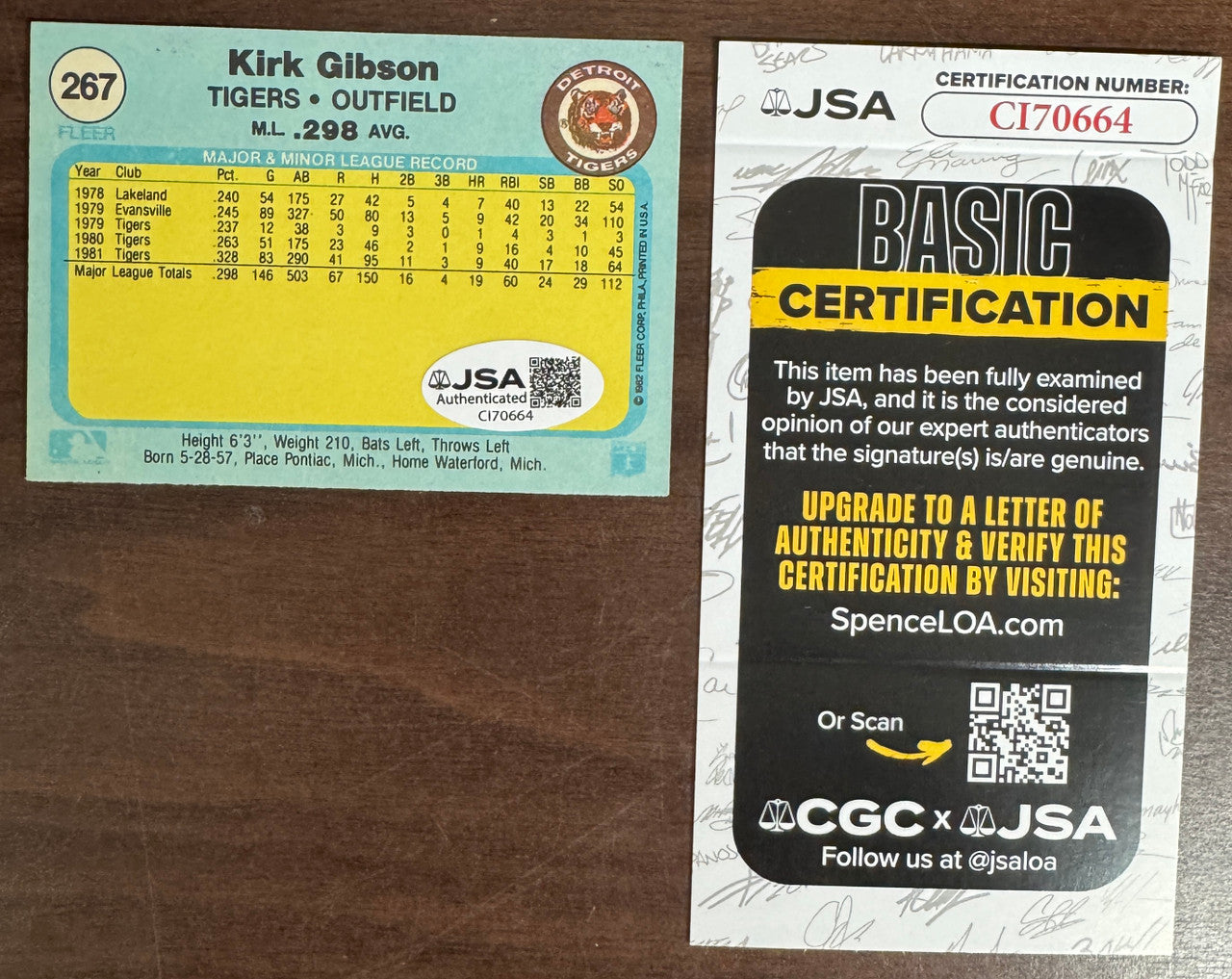 1982 Fleer Kirk Gibson #267 Signed Autographed JSA