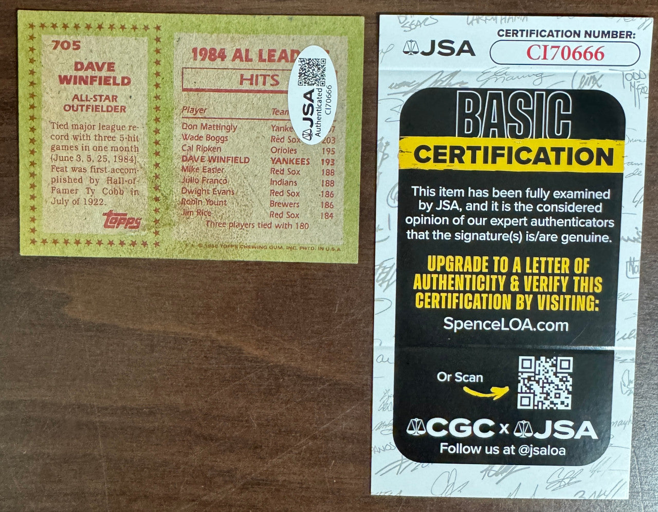 1985 Topps Dave Winfield All-Star #705 Signed Autographed JSA