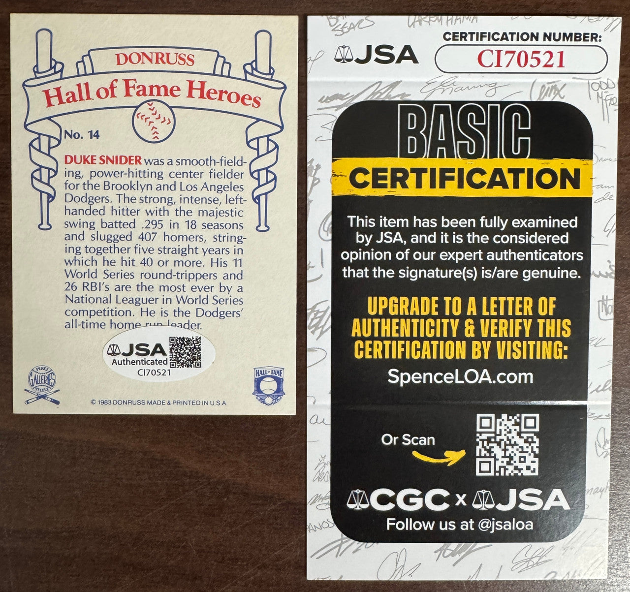 1983 Donruss Duke Snider HoF Heroes #14 Signed Autographed JSA